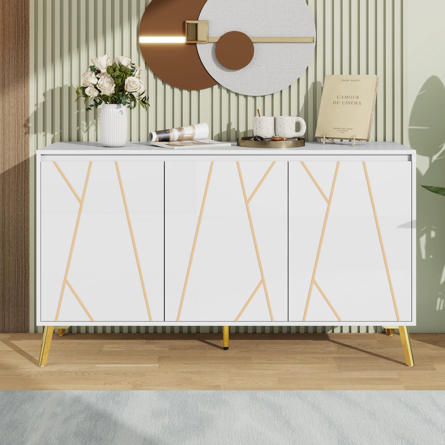 Buffet de Style Moderne au Design Unique Bahut avec 3 Portes, Sans Poignées, Armoire Latérale de Salon, Meuble Buffet de Cuisine, Armoire de Rangement pour Salle à Manger, Entrée (Blanc/Noir)