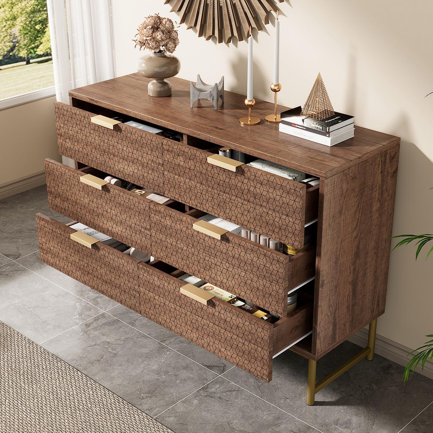 Peiaw Buffet Cuisine,Armoires de Cuisine,Commode,Mobilier Moderne,Buffet avec poignées en métal,Commode avec 6 tiroirs,Anti-basculement,120 x 40 x 75 cm,pour la Cuisine,la Salle à Manger, la Chambre