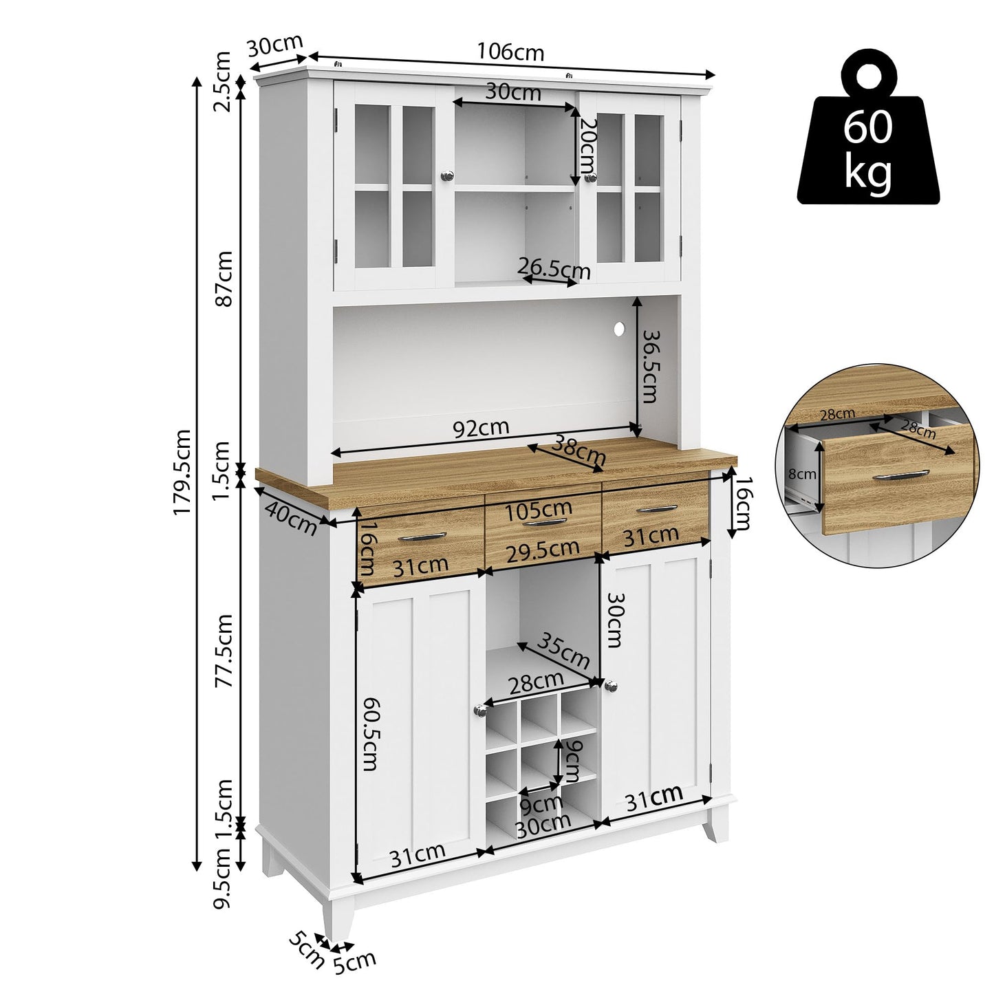 Armoire de Cuisine, Enfilade Buffet Haute, Vitrine avec Étagères Réglables et Casier à Vin, Buffet de Salon avec Éclairage LED, Beaucoup D'espace de Rangement, 106*40*179.5cm (Tiroirs Blanc/Bois)