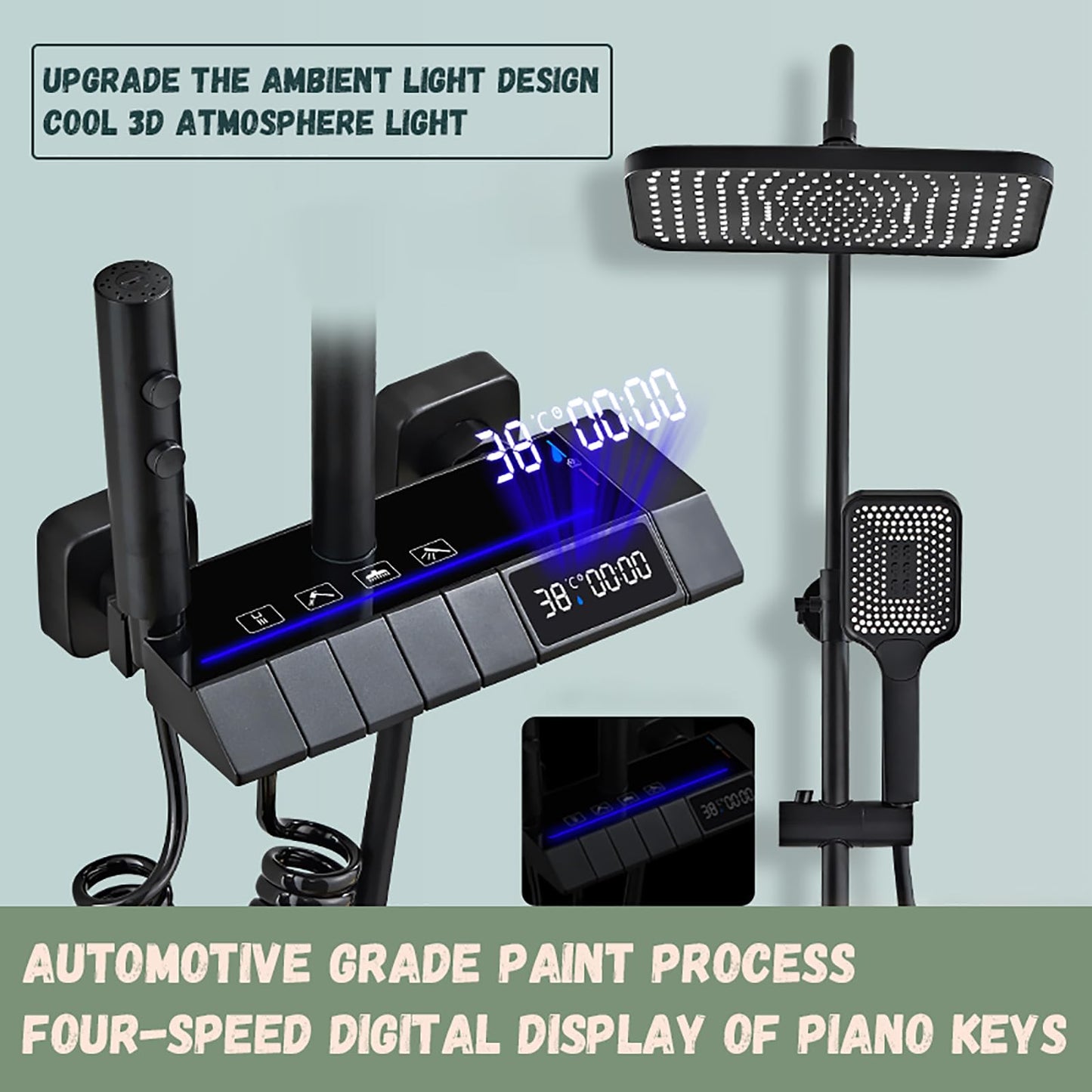 OihPaw Noir Colonne de Douche Piano Mural Système de Douche avec Affichage Numérique LED Ensemble de Douche Hauteur Réglable Kit de Douche avec 32 * 20CM Pomme de Douche e Douchette