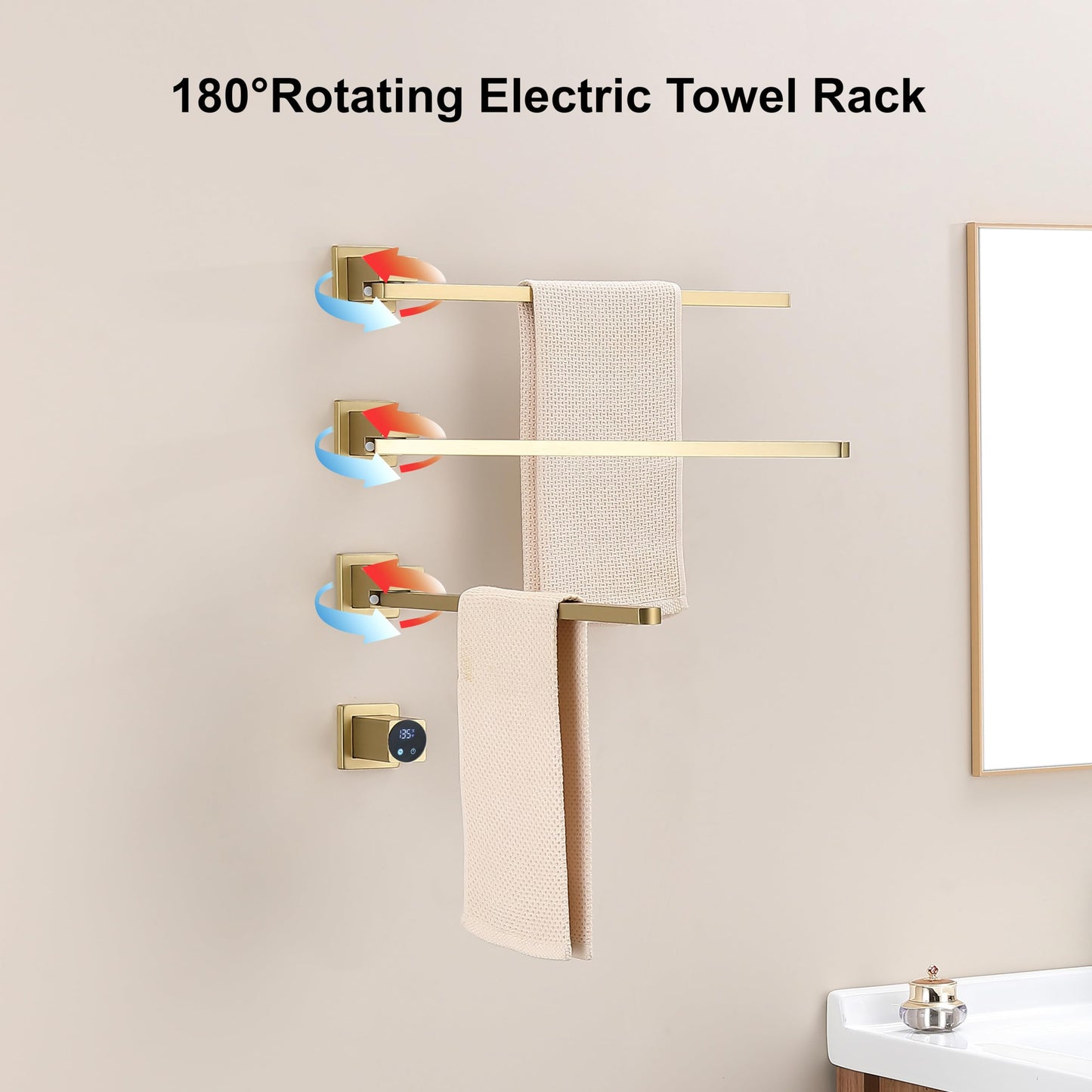 Elektrischer Handtuchtrockner, 60 W Badezimmerheizkörper mit Digitalanzeige, elektrischer Handtuchhalter mit WLAN, 180° drehbarer Handtuchtrockner, Timer, beheizter Handtuchtrockner
