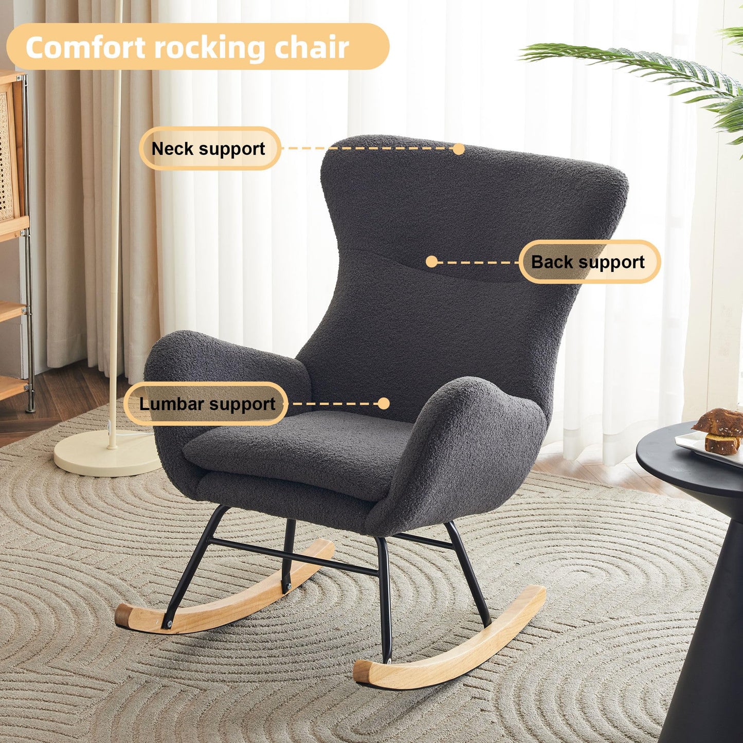 SHUGUANG Chaise a Bascule avec Cadre en Bois Massif, Fauteuil À Bascule Teddy-Fleece-Stoff, Conception Simple Chaise de Lecture Fauteuil Bascule en Vigueur Chambre à Coucher, Salon