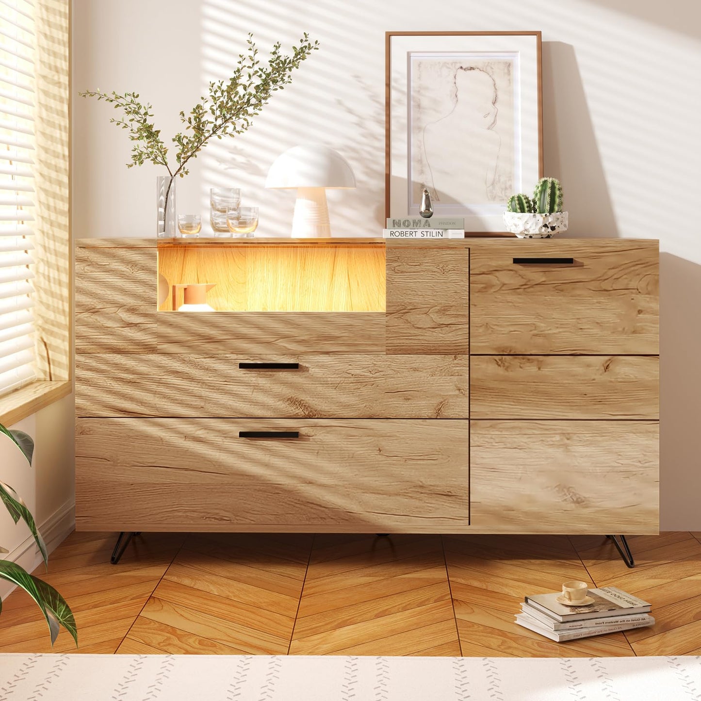 Buffet,bahut de salle a manger,buffet avec 2 tiroirs et 1 porte, buffet avec éclairage LED, Diviseur multifonctionnel,porte vitrée avec cordon de serrage spécial,Convient aux balcons et aux bureaux