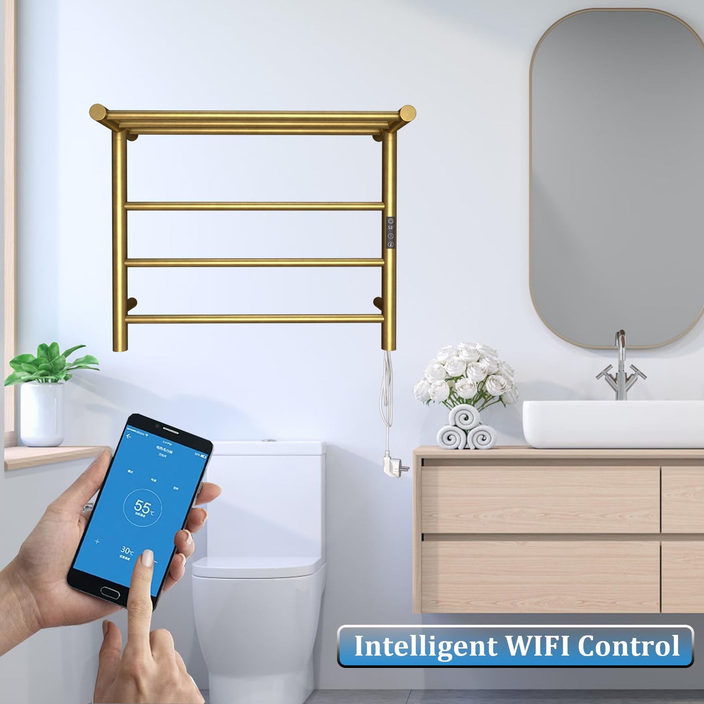 OihPaw Sèche-Serviette Électrique Or, 45 W Chauffe-Serviettes 612×500 mm WiFi Intelligent Porte-Serviettes Chauffant Électrique Mural Commande Tactile à LED