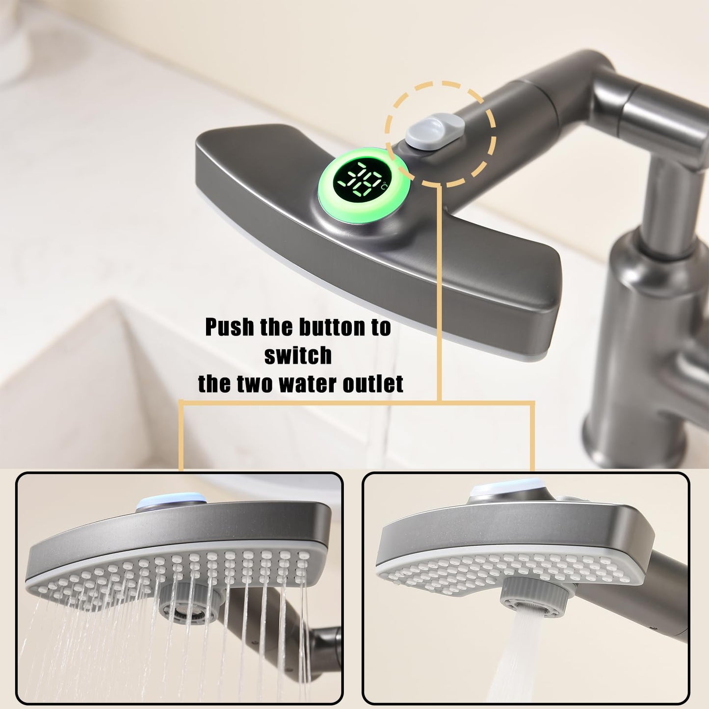 Mitigeur Lavabo Affichage Numérique LED Robinet Lavabo Gris Pistolet Robinet Cascade, Rotation à 360° Robinet Salle de Bain 3 Fonctions Mitigeur Salle de Bain