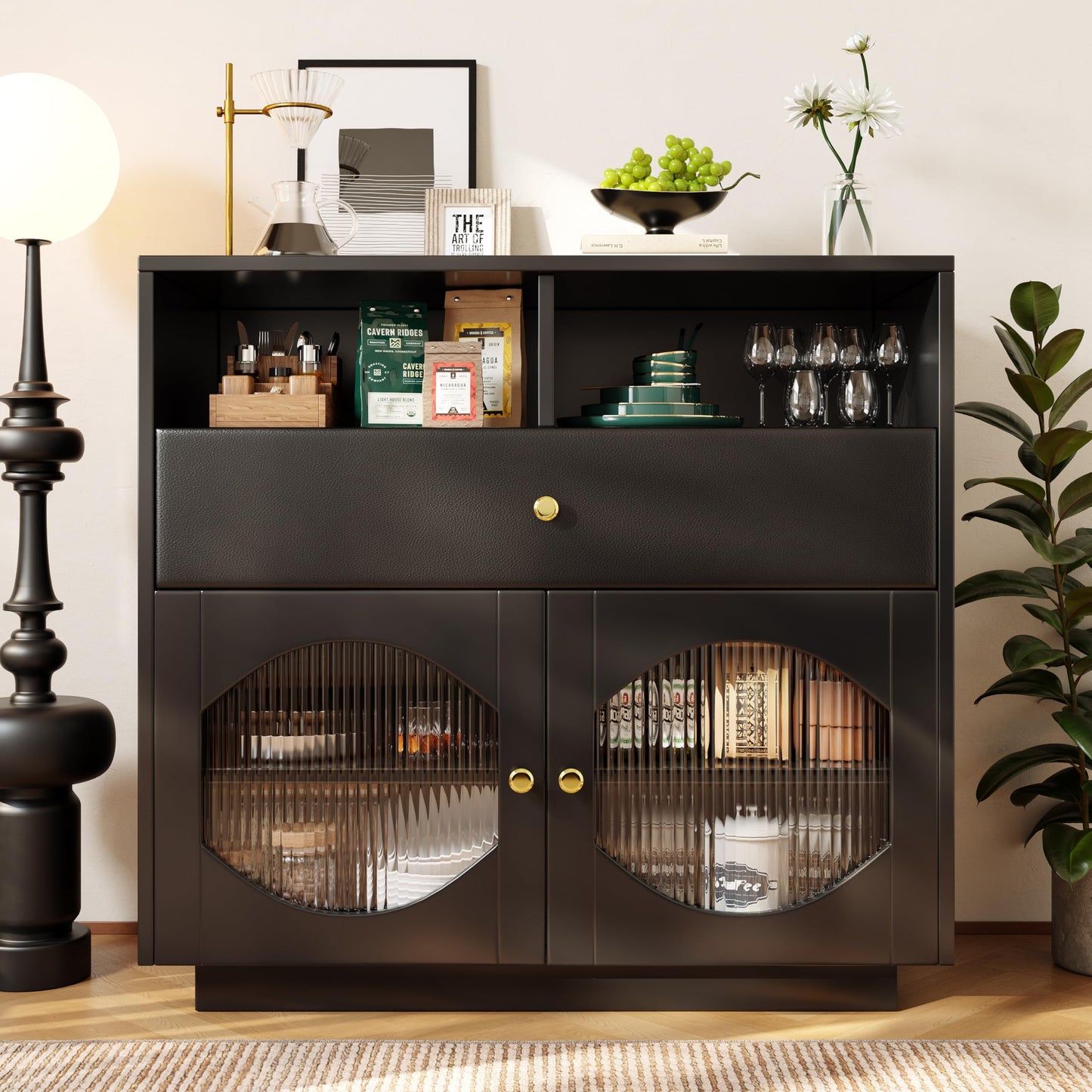 Buffet Salon avec Portes en Verre, Meuble de Cuisine Moderne de Luxe avec 1 Tiroir, 2 Portes et 2 Cloisons Ouvertes, Bahut Buffet de Salle à Manger, 100 × 40 × 90,5cm, Facile à Assembler, Blanc/Noir