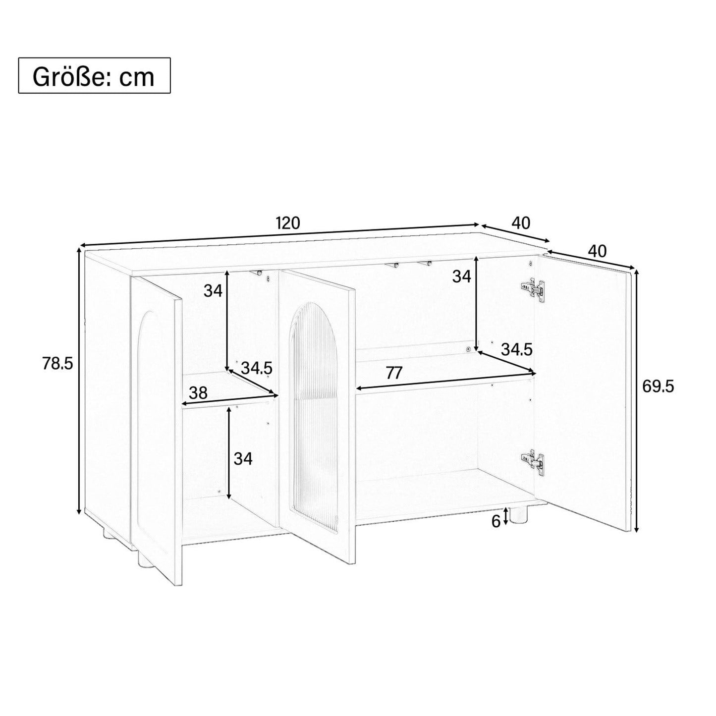 Sideboard mit 3 Türen, Küchenschrank Glastür, Kommode U-förmig Einfaches Design, Mehrzweckschrank Hohe Belastung, Verstellbare Regalhöhe, Sprungbrett-Design, 120 x 78.5 x 40 cm(B/H/T), Weiß