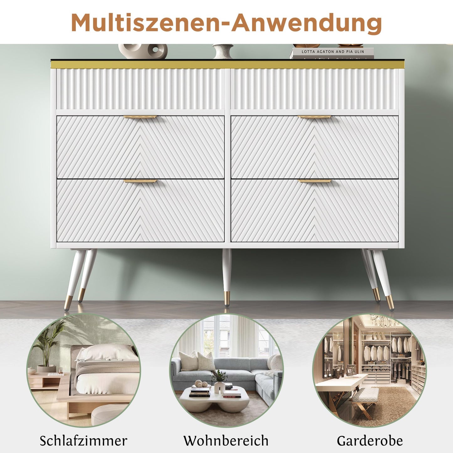 120 x 40 x 76 cm Blanc Commode Rangement avec 6 Tiroirs, Commode Salon en Verre Ambré, Buffet Moderne avec Résistance à La Pointe, Armoire Rangement Applicables à Salon, Chambre ,Salle à Manger