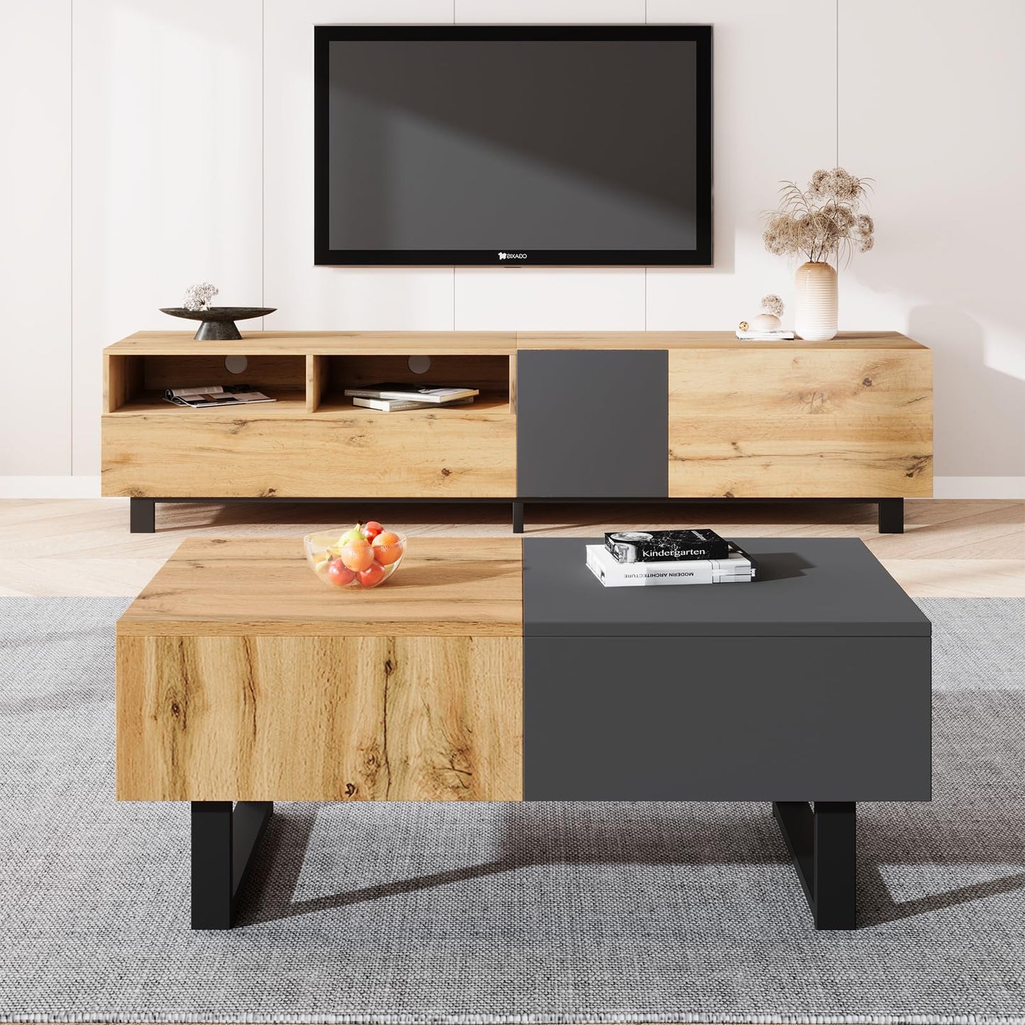 Table basse,Table basse salon,Table basse anthracite, table basse coulissante moderne multifonctionnelle avec rangement caché, support en bois et métal de haute qualité, table basse 155 x 55 x 22 cm