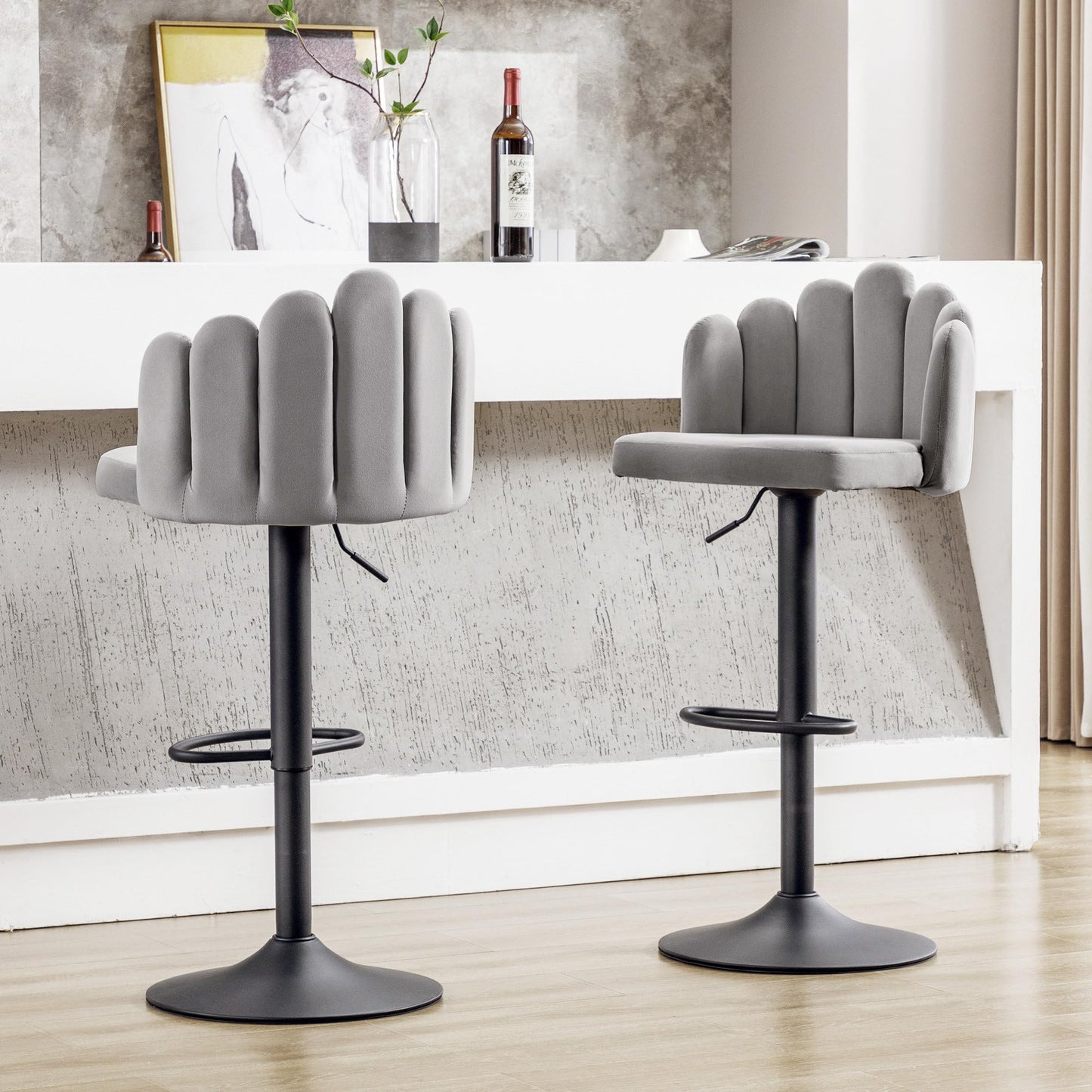 Tabouret Bar Velours Gris, Chaise de Bar lot de 6, Tabourets Réglables Hauteur (56-76 cm), Chaises Pétales avec Repose-pieds, Chaises de Loisirs Modernes, pour Restaurants, Cuisine, Comptoir, Taverne