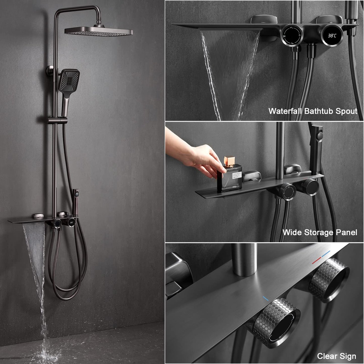 Colonne de Douche avec Mitigeur, Système de Douche avec Affichage Numérique LED Ensemble de Douche avec 32 * 20CM Pomme de Douche e Douchette à 3 Modes,Bec Baignoire