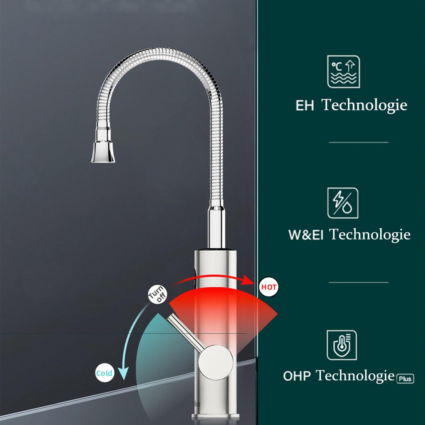 Robinet Chauffant Instantané Cuisine 230V, 3200W Robinet Chauffe eau Électrique Instantané avec Affichage de la Température LED et Flexible Bec, Rotatif à 360° Mitigeur en Acier Inoxydable