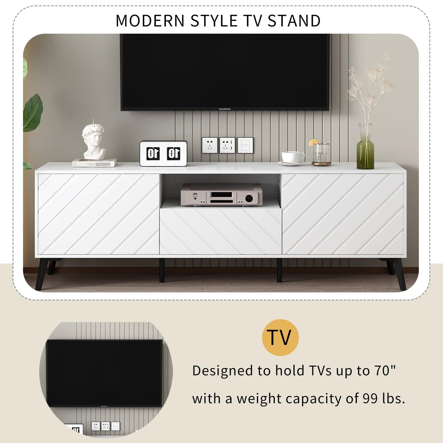 170cm Meuble TV Blanc pour TV 70 pouces, Moderne et Simple Banc TV avec 2 Portes et 1 Tiroir, Séparateurs Internes Réglables, Pieds en Métal Robustes avec Coussinets Souples, Facile à Assembler