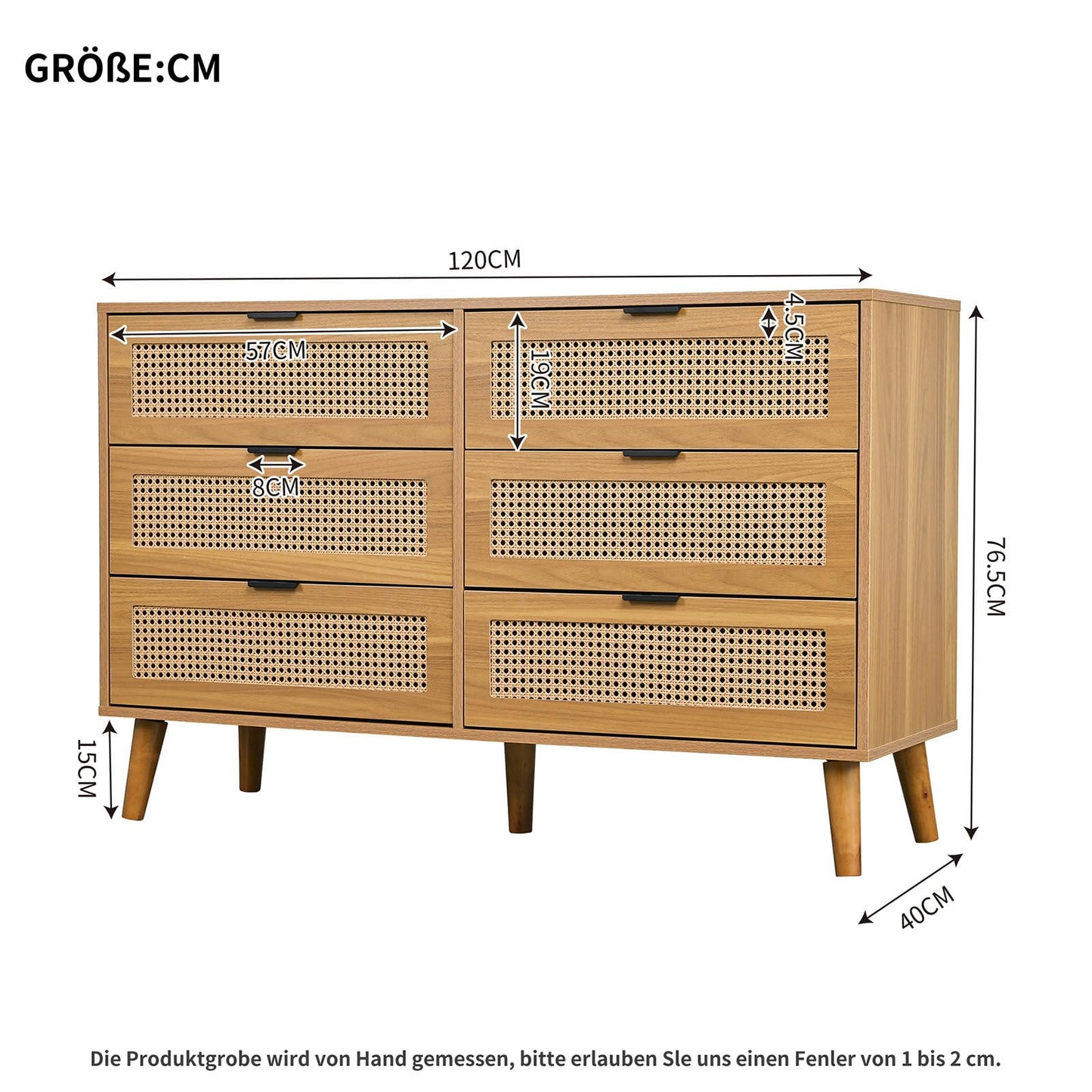 Kommode Mit 6 Schubladen, Sideboard Perforierte Rattantür, Mehrzweckschrank für Wohnzimmer, Esszimmer, Schubladenschrank Hohe Tragfähigkeit, Schrankbeine aus Massivholz, Metallgriff, 120 x 40 x 76.5cm