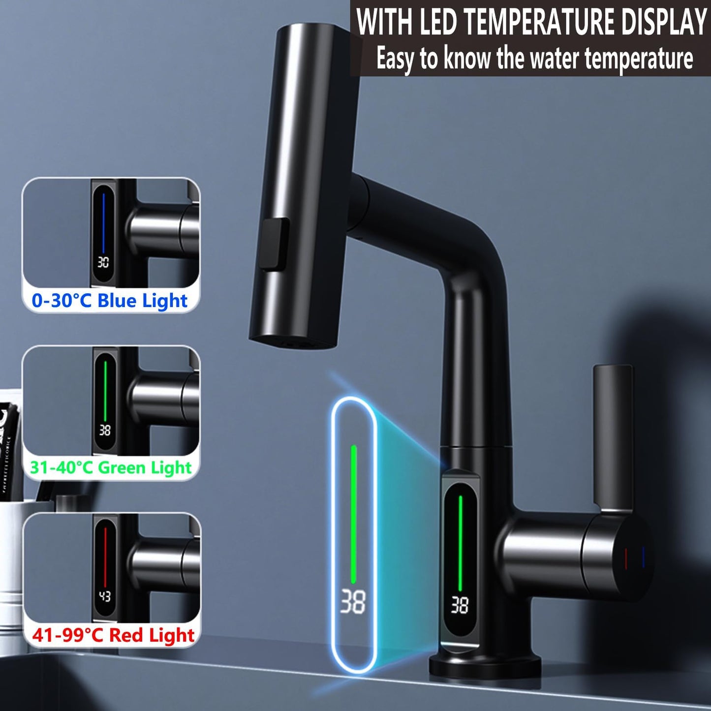 Robinet de Cuisine avec Douchette Extensible, Digital Affichage de la Température LED, Robinetterie Cuisine de Rotatif à 360°, 3 Modes Mitigeur d'Évier pour Lavabo Bains, Hauteur Réglable