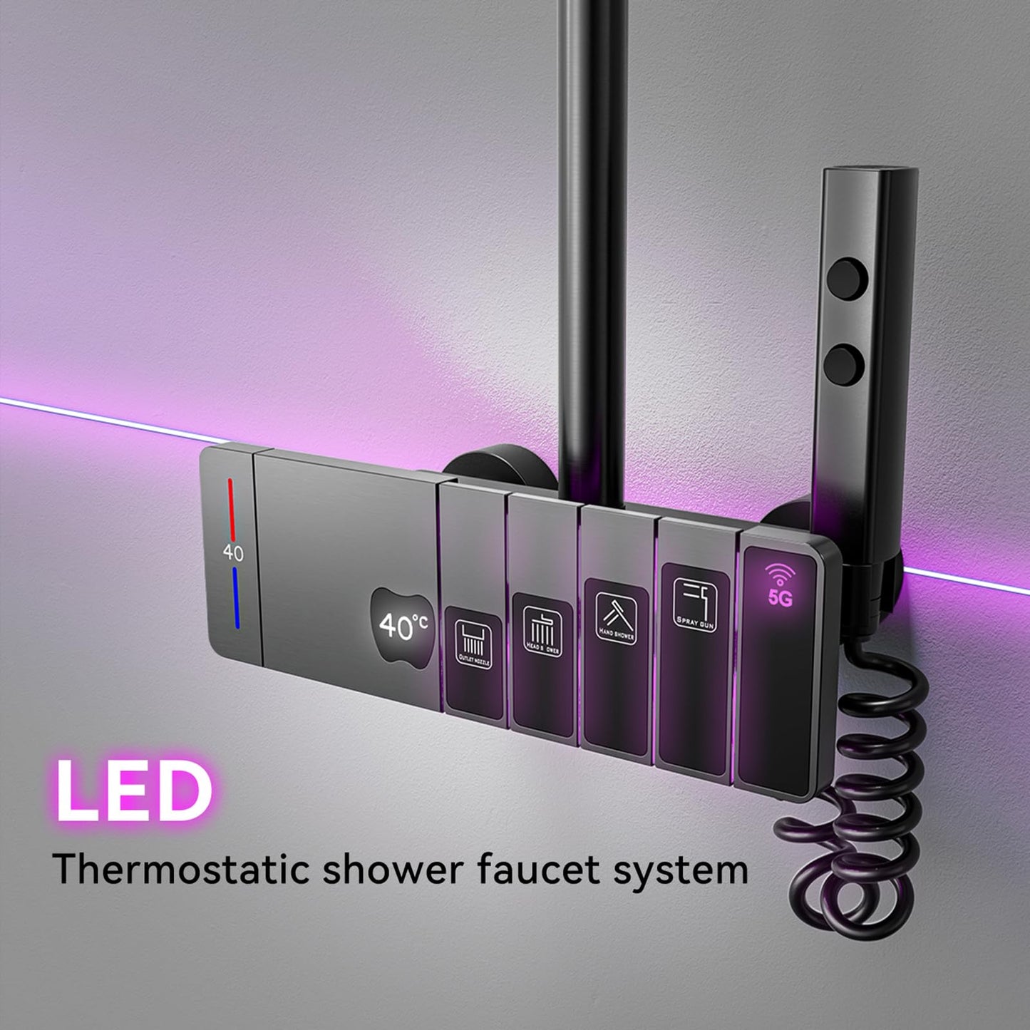 OihPaw Colonne De Douche Thermostatique avec Lumière Ambiante Systeme de Douche Hauteur Réglable pour Salle de Bain, Mitigeur Douche avec Douchette et Pommeau de Douche