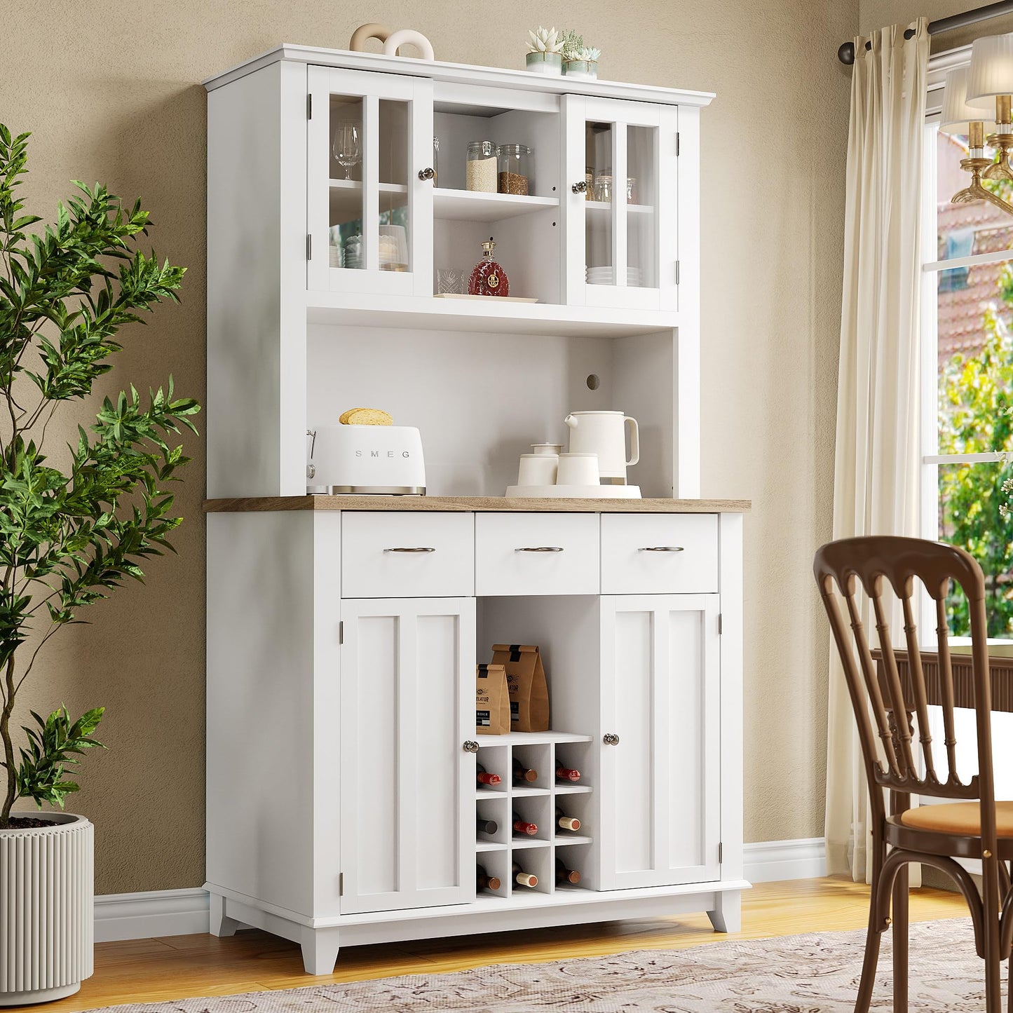 Armoire de Cuisine, Enfilade Buffet Haute, Vitrine avec Étagères Réglables et Casier à Vin, Buffet de Salon avec Éclairage LED, Beaucoup D'espace de Rangement, 106*40*179.5cm (Tiroirs Blanc/Bois)