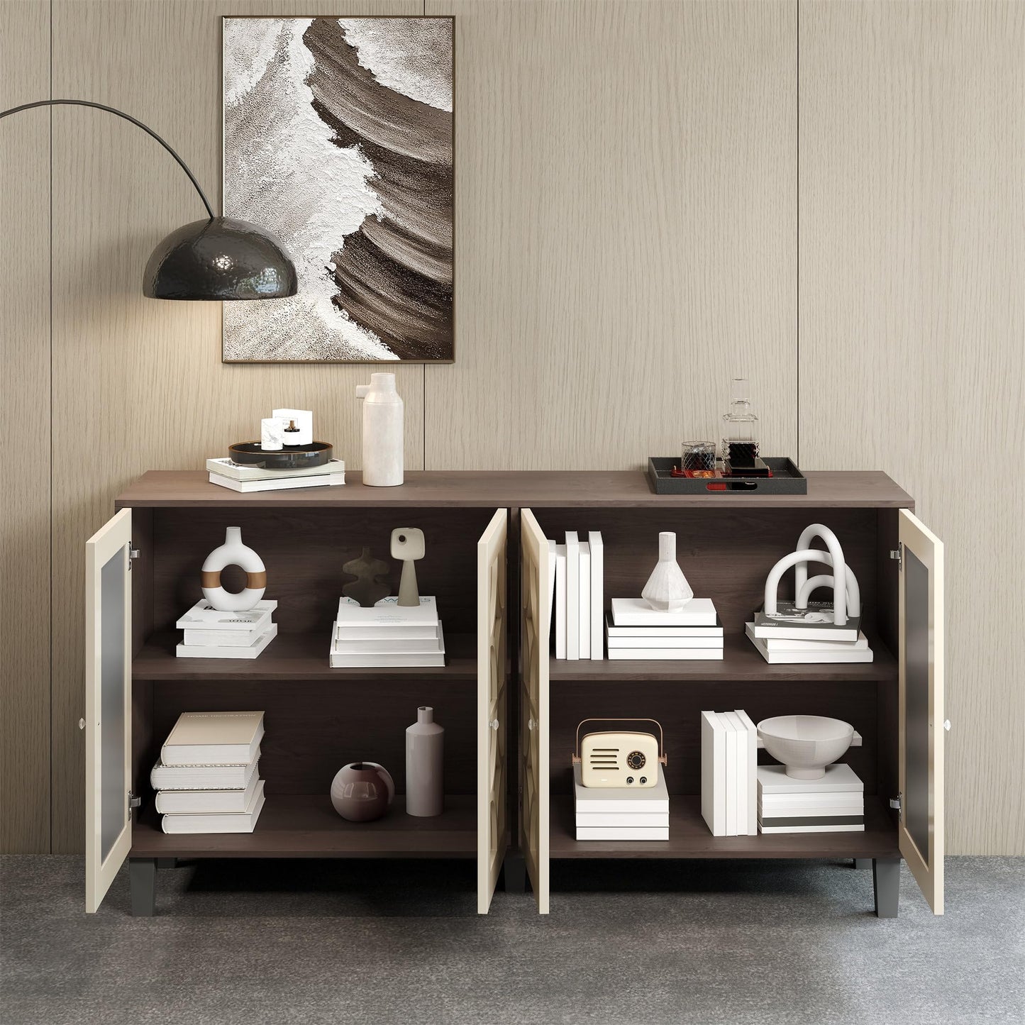 Buffet Moderne avec 4 Portes Miroir, Buffet Miroir avec Poignées en Cristal Froid, Stratifié Mobile, Armoire de Cuisine, Bahut pour Salon et Salle à manger, 160 x 40 x 85 cm, Blanc/Bois et Marron