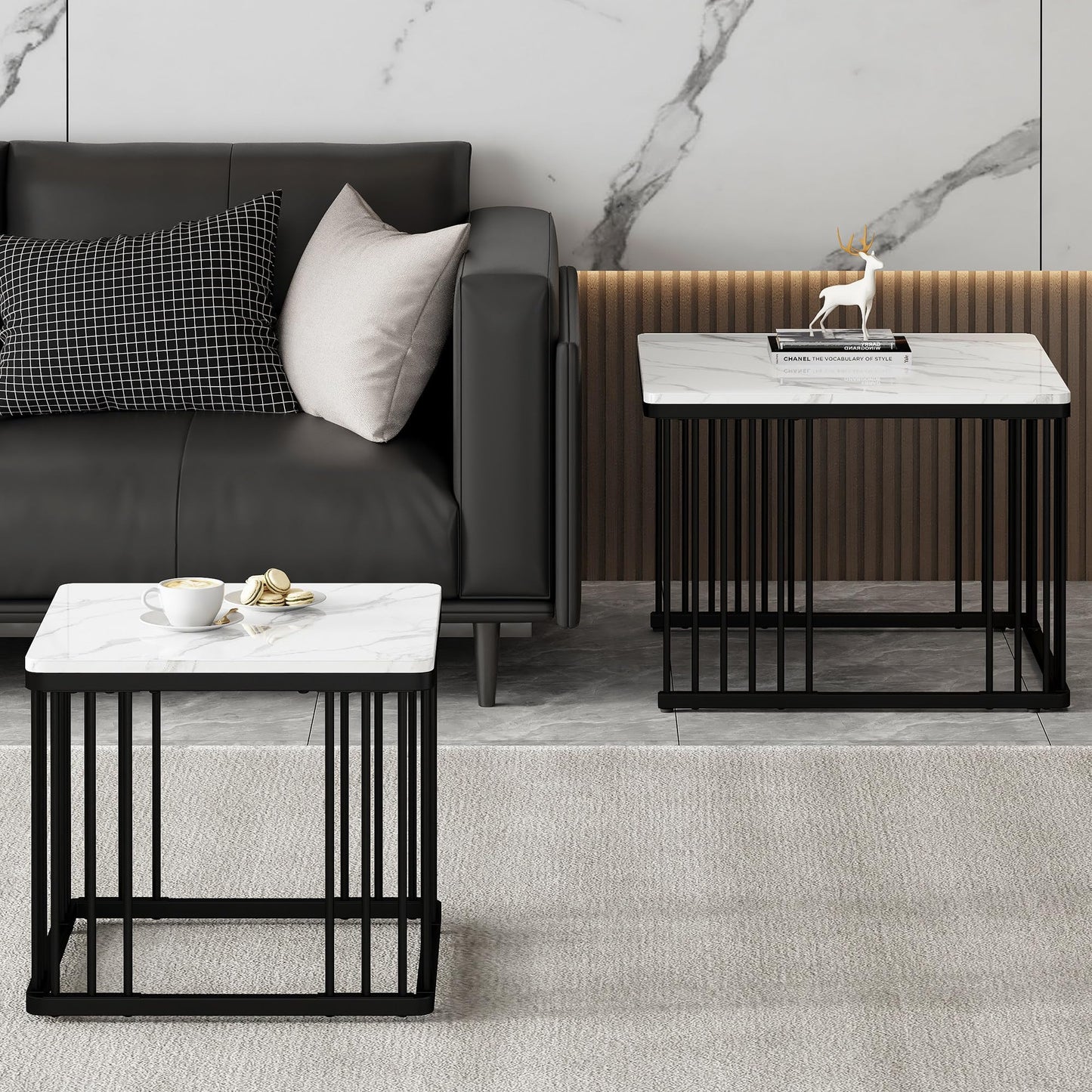 Lot de 2 Tables Basses Gigognes Carré, Tables Basse Empilable Aspect Marbre, Table Basse Salon Chambre avec Cadre en Métal, Polyvalent Tables Bassee pour Bureau, Appartement