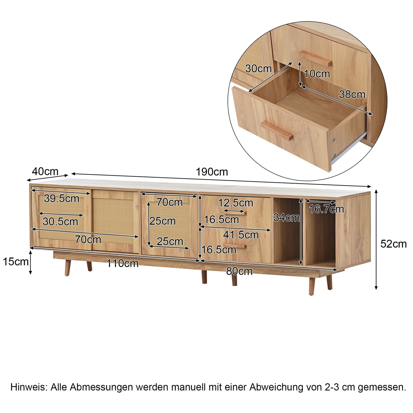 Meuble TV de Style Bohème en Rotin pour Téléviseurs de 80 Pouces, Meubles TV Bois, Banc TV Rustique avec 2 Casiers, 2 Tiroirs, 2 Étagères Ouvertes, Chambre Meuble Salon, 190x40x52 cm, Chêne Naturel