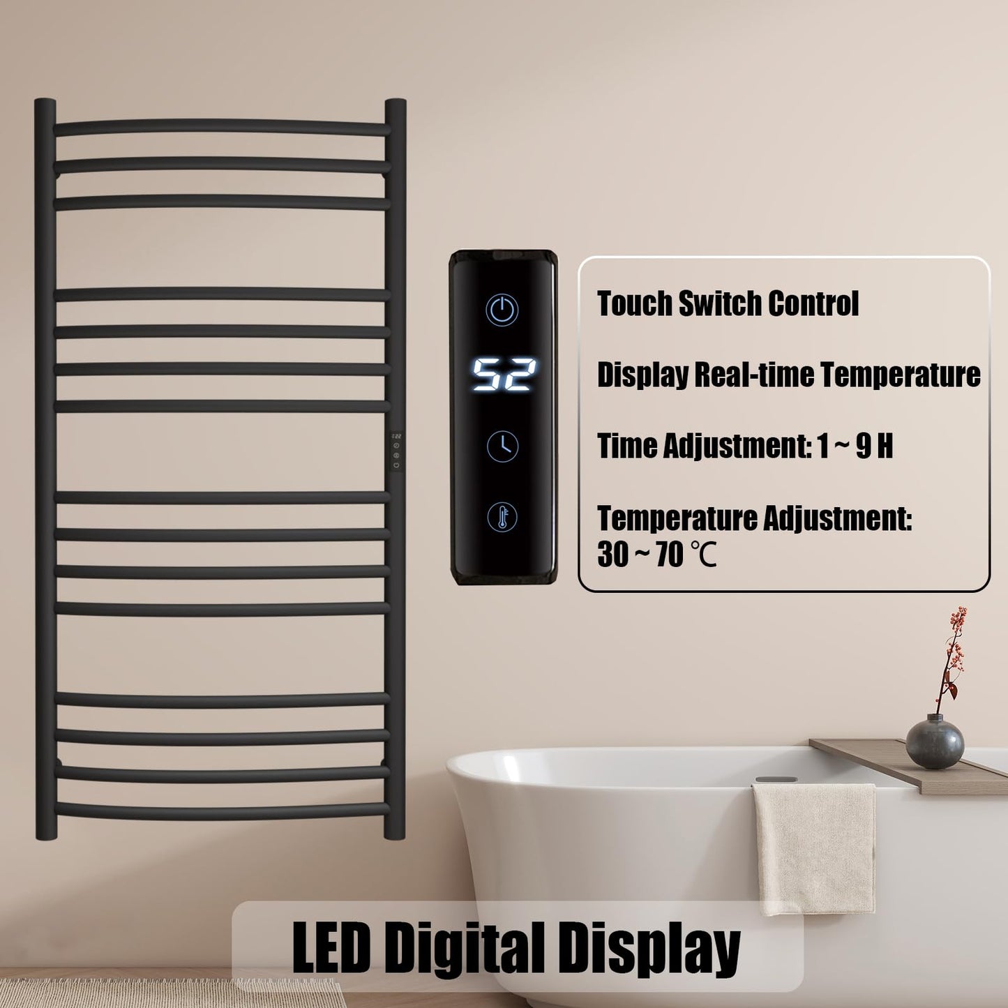 Sèche-Serviette Électrique Noir,185 W Chauffe-Serviettes 1100×600 mm WiFi Intelligent Porte-Serviettes Chauffant Électrique 15 Barres Courbes Commande Tactile à LED