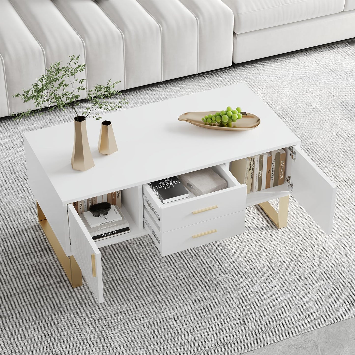 Peiaw Table Basse,Table Basse Salon,Table Basse Brillante,Table Basse carrée avec tiroirs,équipée de Deux Portes,Poignées et Pieds dorés,avec Grand Espace de Rangement,Table Basse 100 x 50 x 45cm
