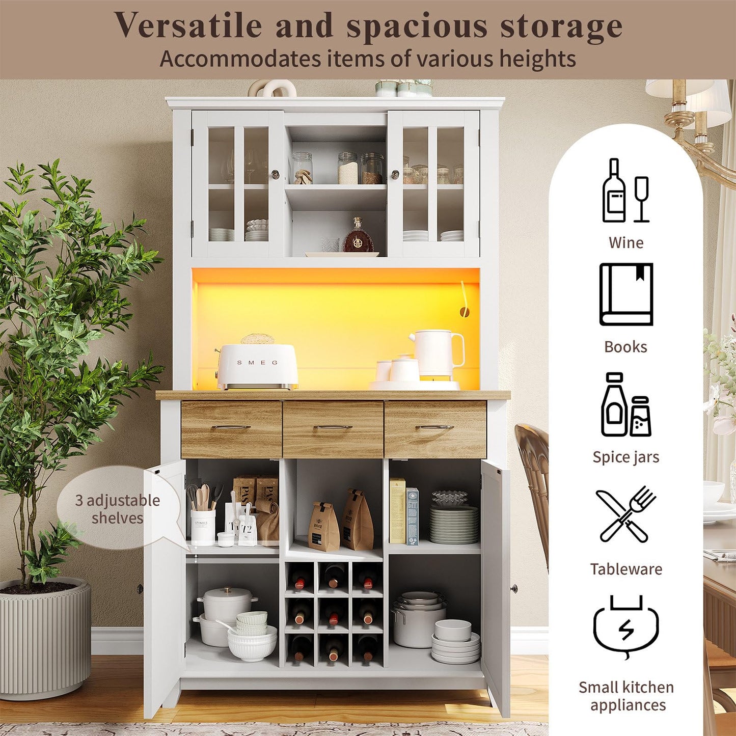 Buffet de Cuisine avec Éclairage LED, Armoire de Cuisine Anti-Basculement, Meuble Cuisine Rangement Étagères Réglables, Bibliothèque avec Poignée en Alliage D'aluminium, 106 x 40 x 179.5 cm