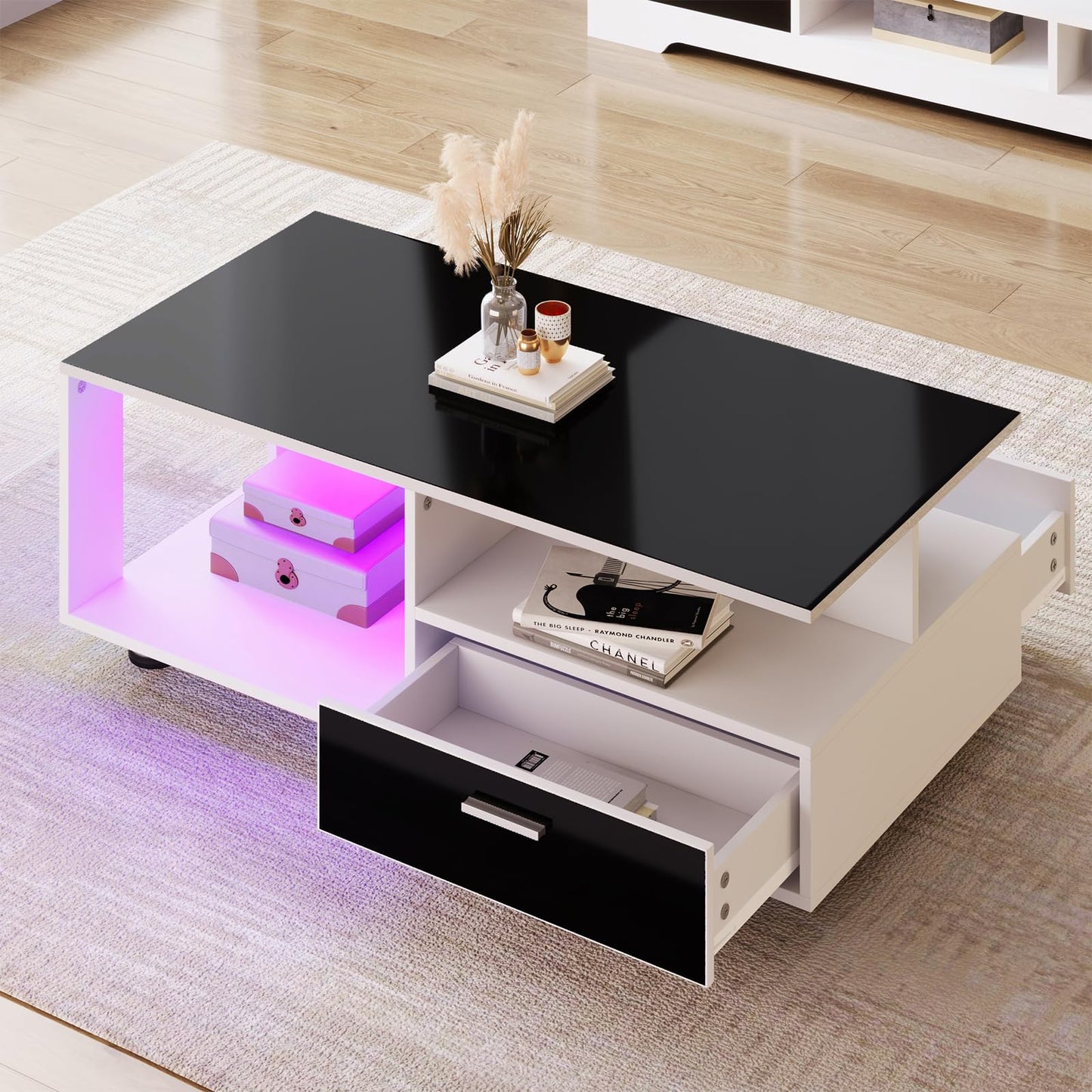 Table basse,Table basse salon,Table basse blanche et noire,Table basse LED moderne,Avec plateau noir brillant,Avec espace de rangement,Table basse avec deux tiroirs,Table basse 110 x 38,5 x 55 cm
