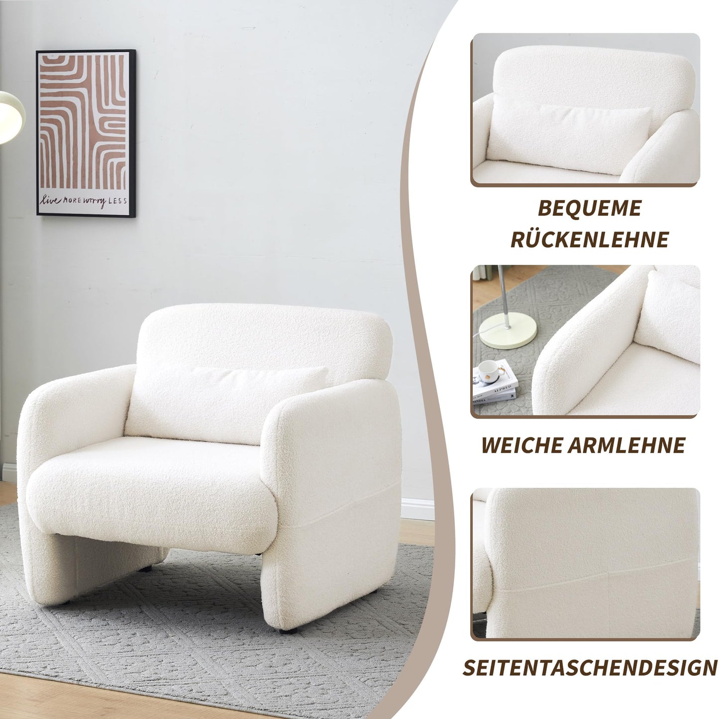 Blanc Chaise de Llecture, Fauteuil de Loisirs Teddy-Fleece-Stoff, Fauteuil salon Confortable avec Cadre en Bois Massif, Conception simple Fauteuil Chambre En Vigueur Chambre à Coucher, Salon,