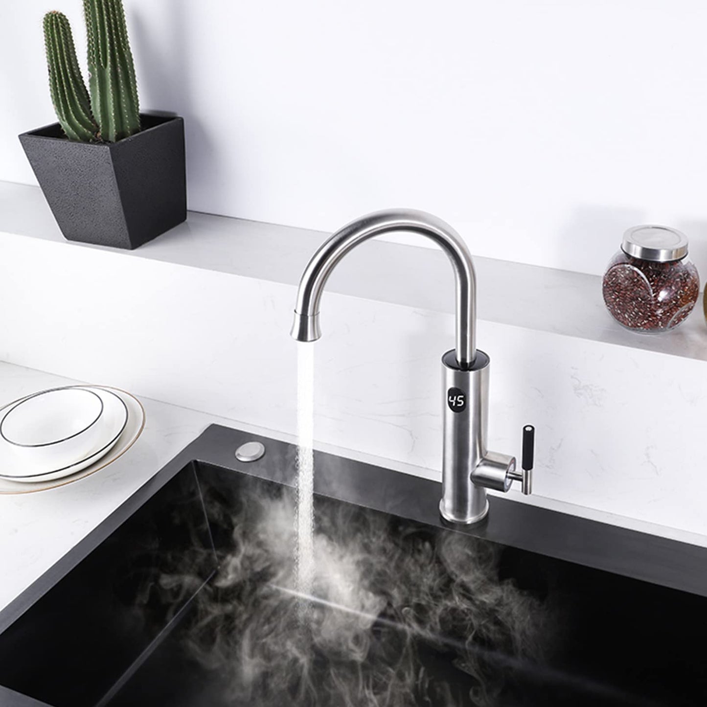 Robinet électrique avec chauffe-eau instantané 220 V pour cuisine, 3200 W, avec affichage de la température LCD, rotation à 360 °, avec chauffe-eau instantané, argent