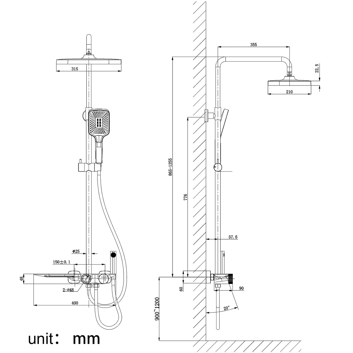 OihPaw Or Brossé Colonne de Douche avec Mitigeur, Système de Douche avec Affichage Numérique LED Ensemble de Douche avec 32 * 20CM Pomme de Douche e Douchette à 3 Modes