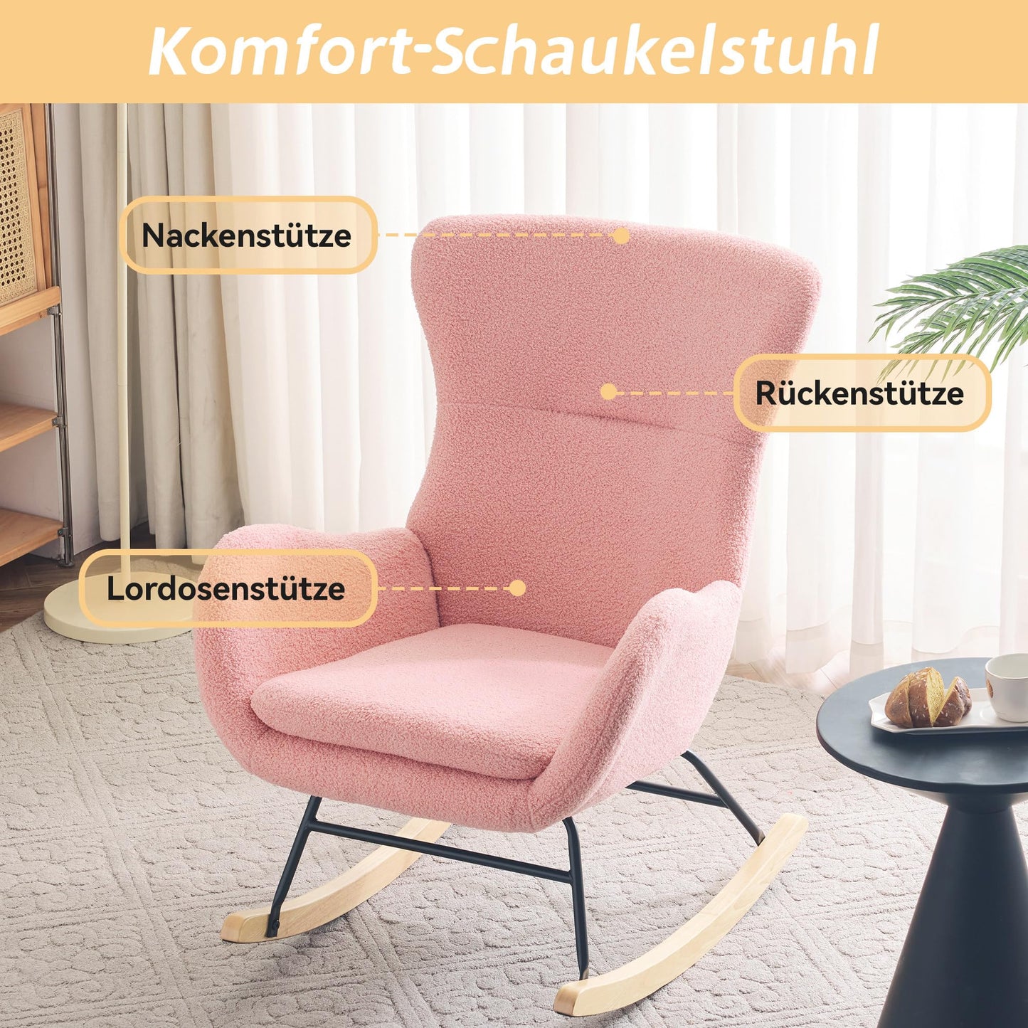 SHUGUANG Chaise a Bascule avec Cadre en Bois Massif, Fauteuil À Bascule Teddy-Fleece-Stoff, Conception Simple Chaise de Lecture Fauteuil Bascule en Vigueur Chambre à Coucher, Salon