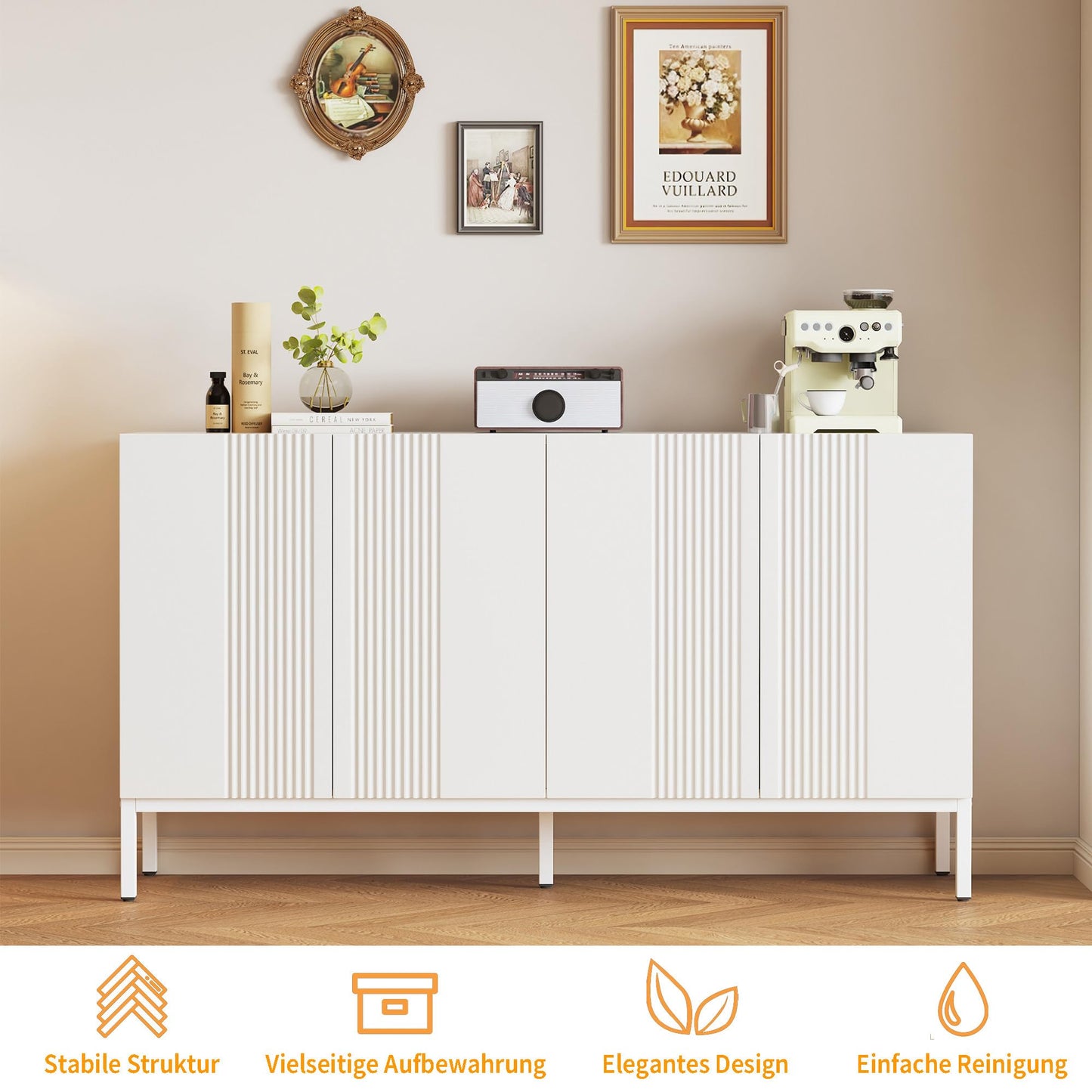 Buffet Blanc Moderne à 4 portes, Buffet Salle a Manger aux Lignes Uniques, Étagères Réglables, Porte sans Poignée, Beaucoup d'espace de Rangement, Vaisselier Bois, pour Salle à Manger Salon Cuisine