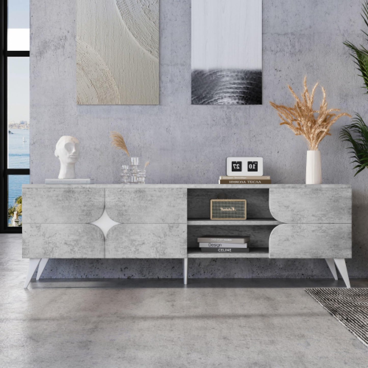 Meuble TV, Gris Ciment avec Meuble TV Blanc, Meuble TV à Compartiment Ouvert, Banc TV jusqu'à 50-59 Pouces, Meuble TV avec Portes d'armoire à Trois pétales, Taille du Meuble TV du Salon 160X40X51cm