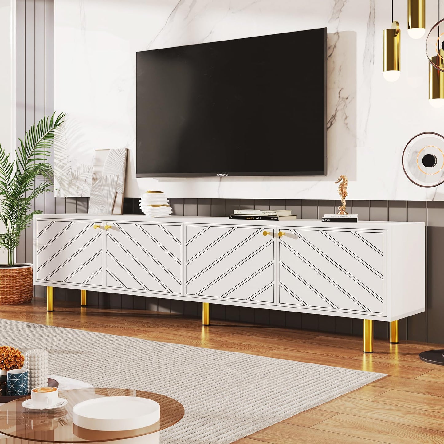 Peiaw Meuble TV,Meuble TV Blanc,Salon Chambre Meuble TV,Peut accueillir des téléviseurs jusqu'à 50 Pouces,Meuble TV à Quatre Portes,170x38x50cm,adapté aux Chambres et aux Salons.