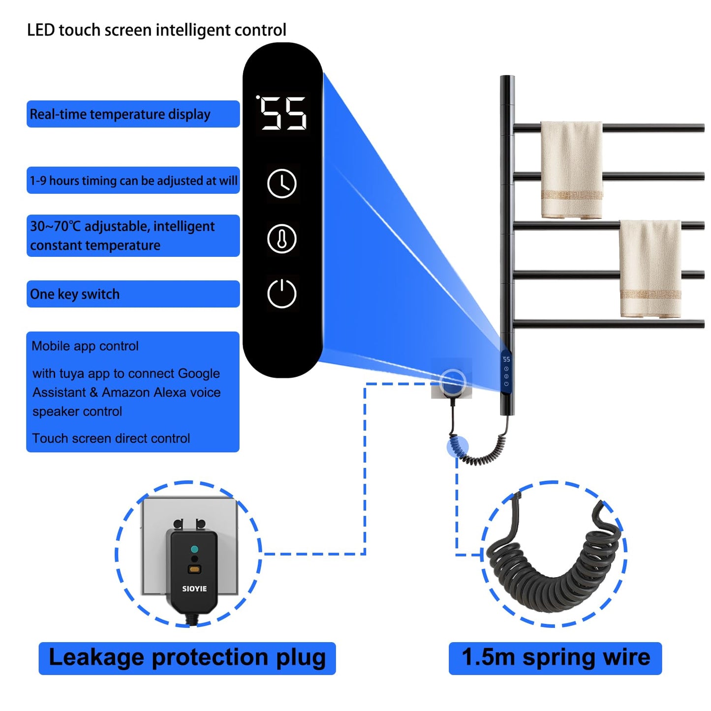 Elektrischer Handtuchtrockner, WiFi Smart Thermostat Handtuchwärmer, für Alexa und Google Home und APP, 420 x 660 mm, 180° Drehung, elektrischer Handtuchhalter, Heizkörper-WiFi Grau
