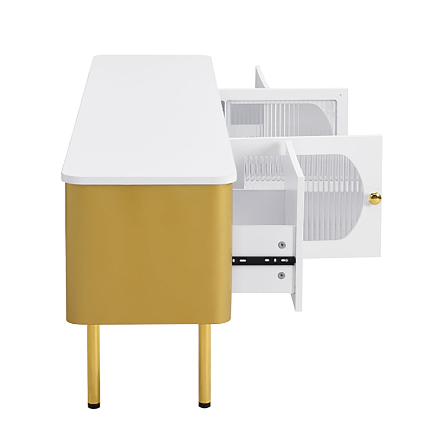 Meuble TV, Meuble TV avec tiroirs et armoires de Rangement, Panneaux latéraux et Pieds dorés, Porte d'armoire en Verre texturé, Meuble TV de Salon Blanc, Longueur 170 cm, Largeur 34 cm, Hauteur 45 cm