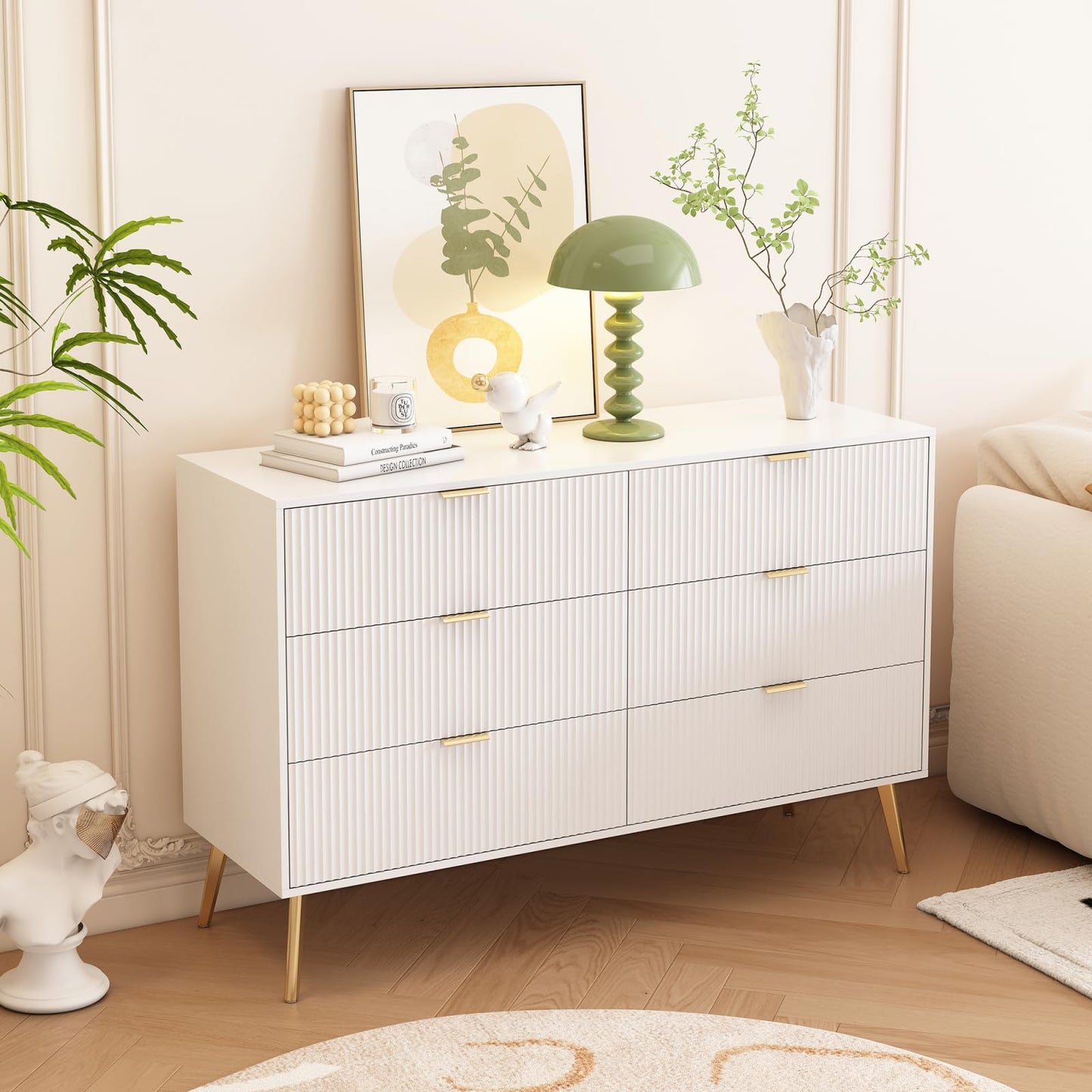 Buffets,Meuble de Rangement Blanc,armoires de Cuisine,Coiffeuse, Buffet avec 6 tiroirs, Pieds plaqués Or, 6 commodes avec poignées, 120 x 40 x 78 cm,Convient pour entrée,Salle à Manger, Bureau