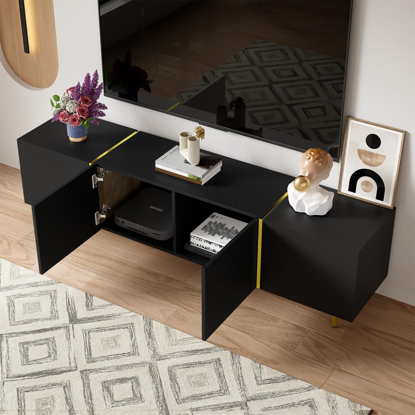 Meuble TV 170cm, Meuble Télé de Salon Quatre Portes Haute Brillance, Armoire De Télévision avec 2 Ports de Gestion des Câbles, Table Télévision Peut Accueillir Un Téléviseur de 70 Pouces, 170x35x46cm