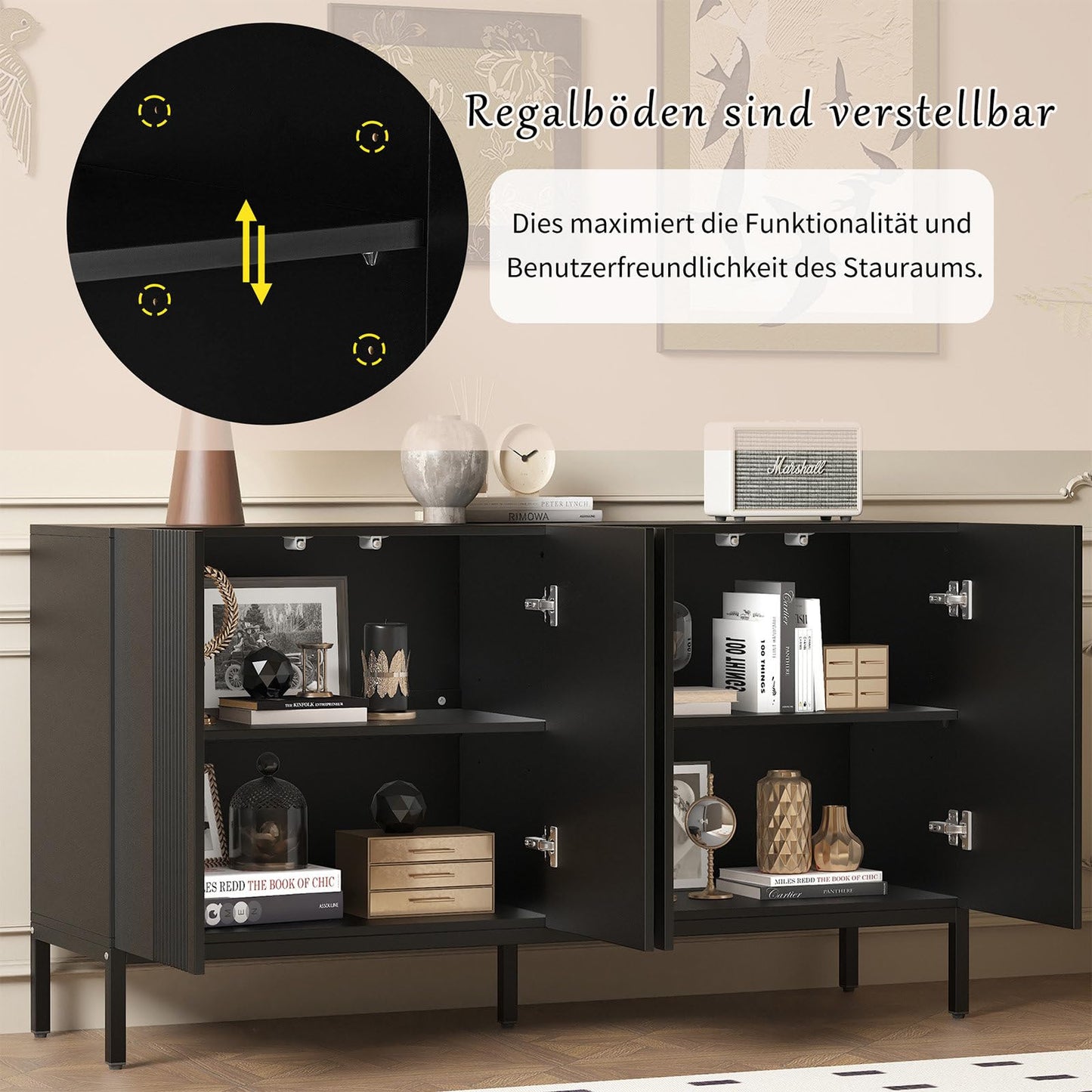 Buffet Cuisine, Meuble de Rangement, Armoire de Salon, Bibliothèque, 4 Portes, Structure métallique, étagères réglables en Hauteur, capacité de Charge élevée, 145 x 80 x 41,5 cm (L/H/P)