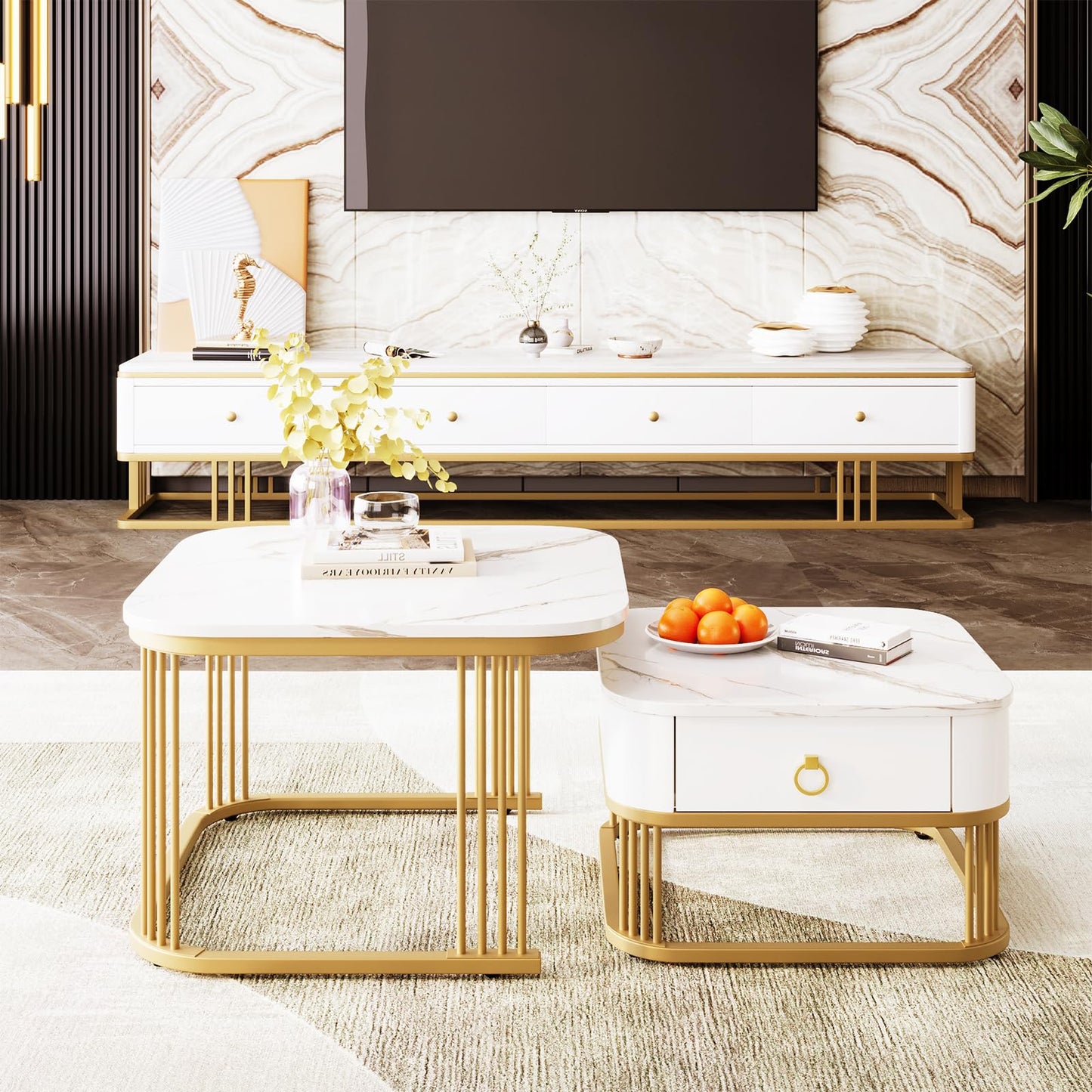 Peiaw Table Basse,Lot de 2 Tables Basses carrées,Aspect marbre Brillant Blanc,Or Structure en métal et poignée dorée,Ensemble de Tables de Salon avec tiroirs,Table de Salon 60x60x45cm & 50x50x34cm