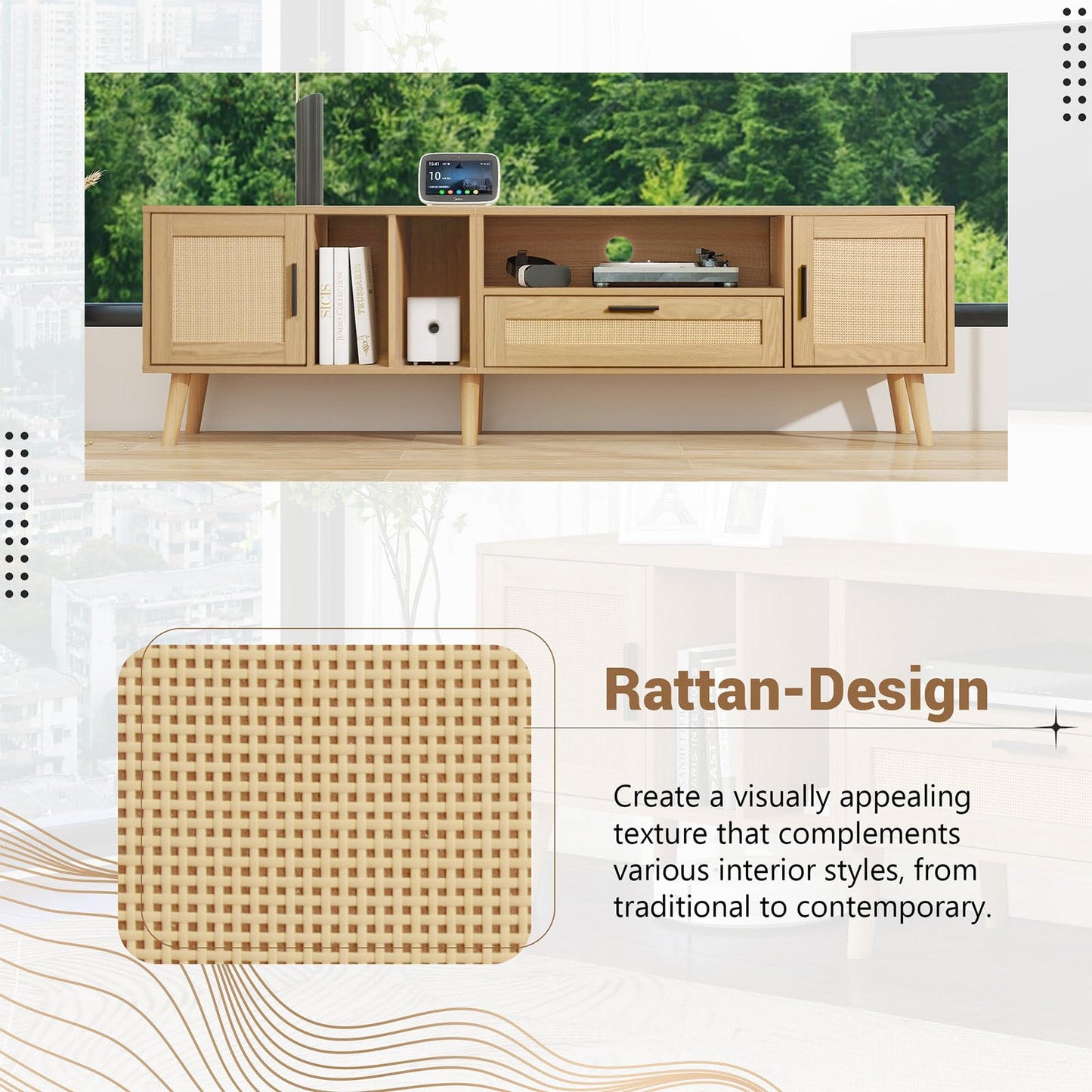 Meuble TV 180cm, Armoire De Télévision Rotin Tressé, Meuble Télé de Salon Pieds en Bois Massif, Table Télévision Convient Aux Téléviseurs de 80 Pouces, 2 Portes, 1 Tiroirs et 3 Étagères Ouvertes
