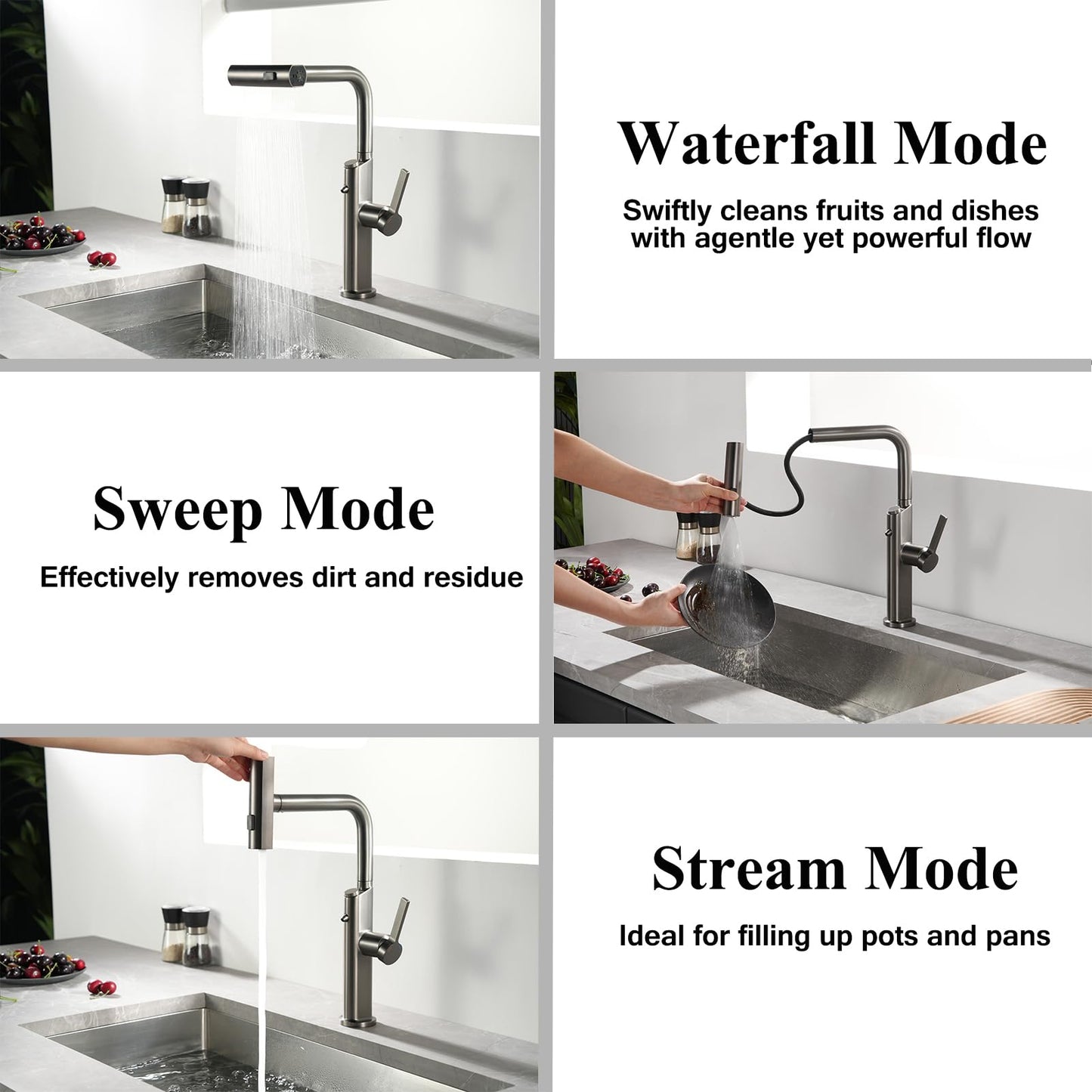 Cuisine 3 Voies avec Douchette Extractible, Robinetterie eau Potable Pivotant à 360°, 4 Modes Robinet Cuisine Cascade, Robinet Mitigeur Évier de Cuisine pour Systèmes d'Osmose