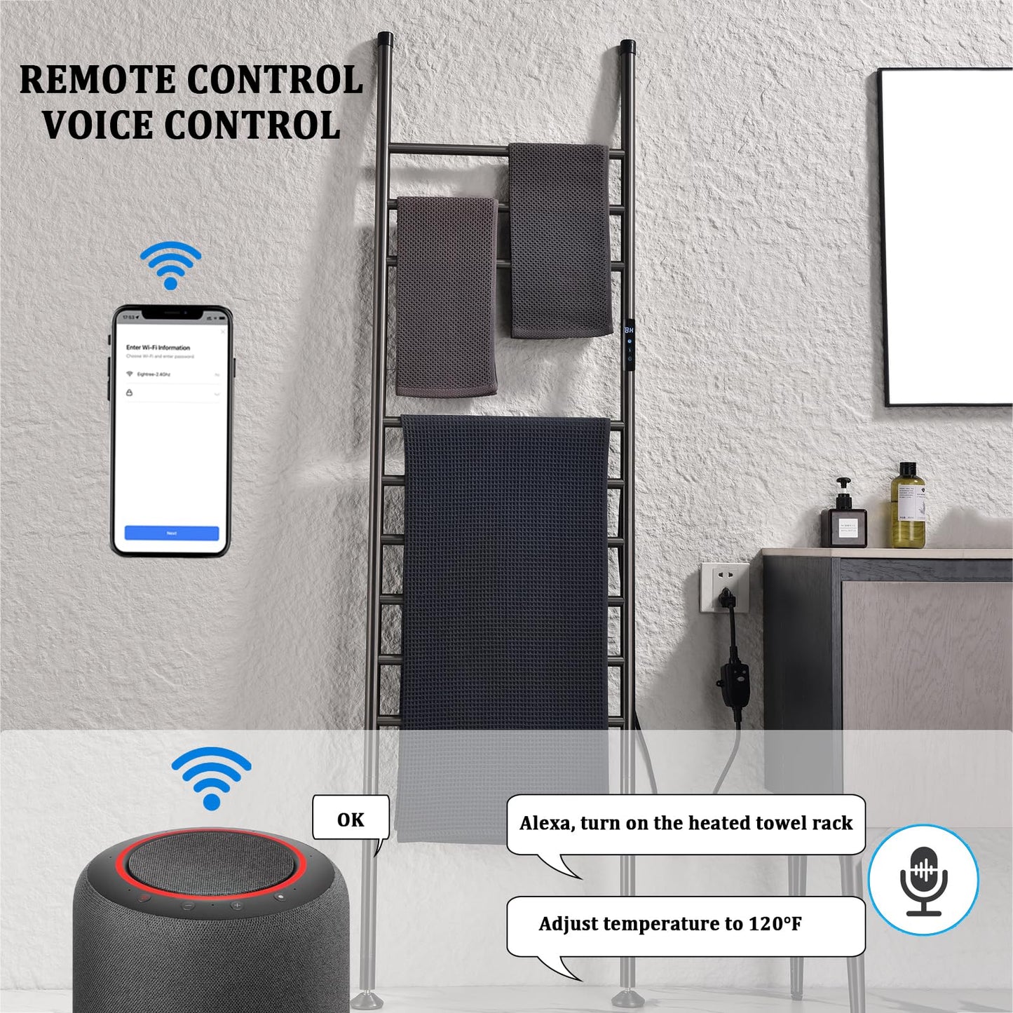 Sèche-Serviette Électrique 110W Porte-Serviettes sur Pied Gris WiFi Intelligent Commande Vocale Chauffe-Serviettes avec Minuterie 45—70°C Chauffant Électrique Radiateur de Salle de Bain 160*45CM