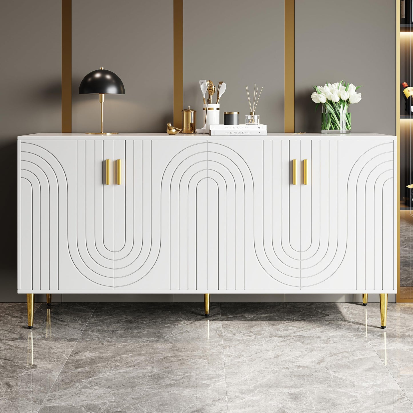 SHUGUANG Buffet Salon (152 x 40 x 75 cm), Meuble de Rangement Moderne et Simple avec Un Design Ondulé Unique, Poignées et Pieds Dorés, pour Une Salle à Manger élégante et Une Chambre à Coucher