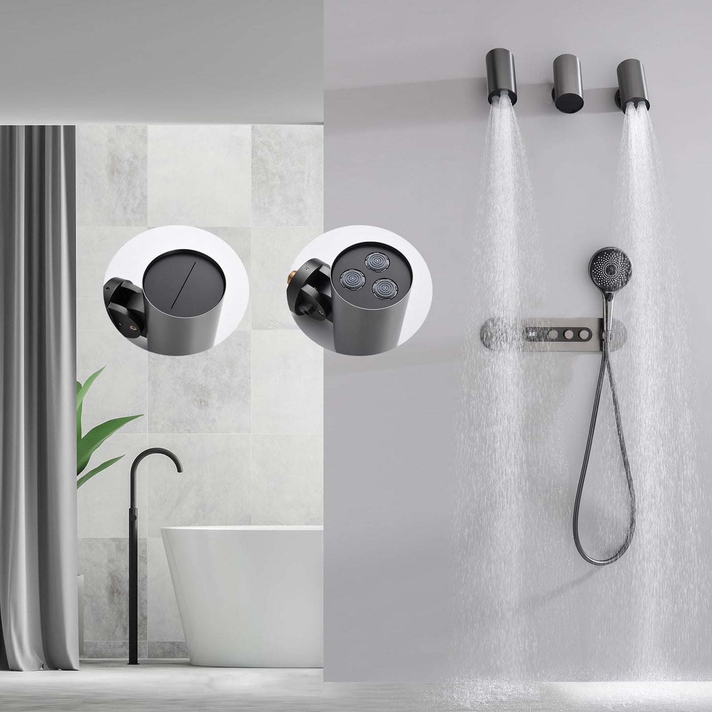 Colonne de Douche Thermostatique, Gris Pistolet Colonne Douche Encastrable Affichage Numérique Ensemble de Douche Mural Forme du Spot Kit de Douche avec Pommeau de Douche et Douchette