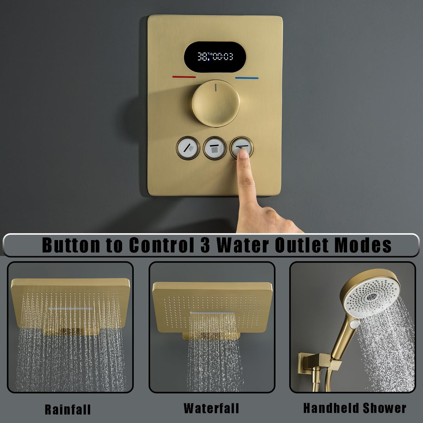 OihPaw Colonne de Douche Thermostatique Douche Encastrable Affichage Numérique Colonne de Douche Encastrable Or Brossé Ensemble de Douche avec Pommeau de Douche,Douchette