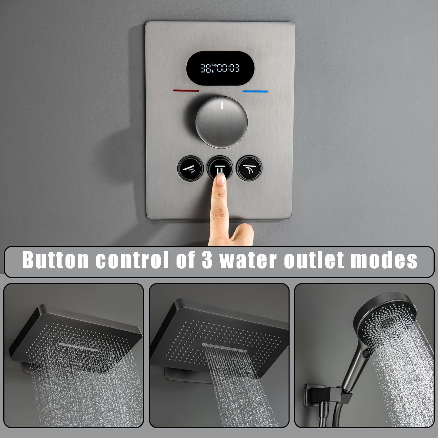 OihPaw Colonne de Douche Thermostatique Douche Encastrable Affichage Numérique Colonne de Douche Encastrable Gris Pistolet Ensemble de Douche avec Pommeau de Douche,Douchette