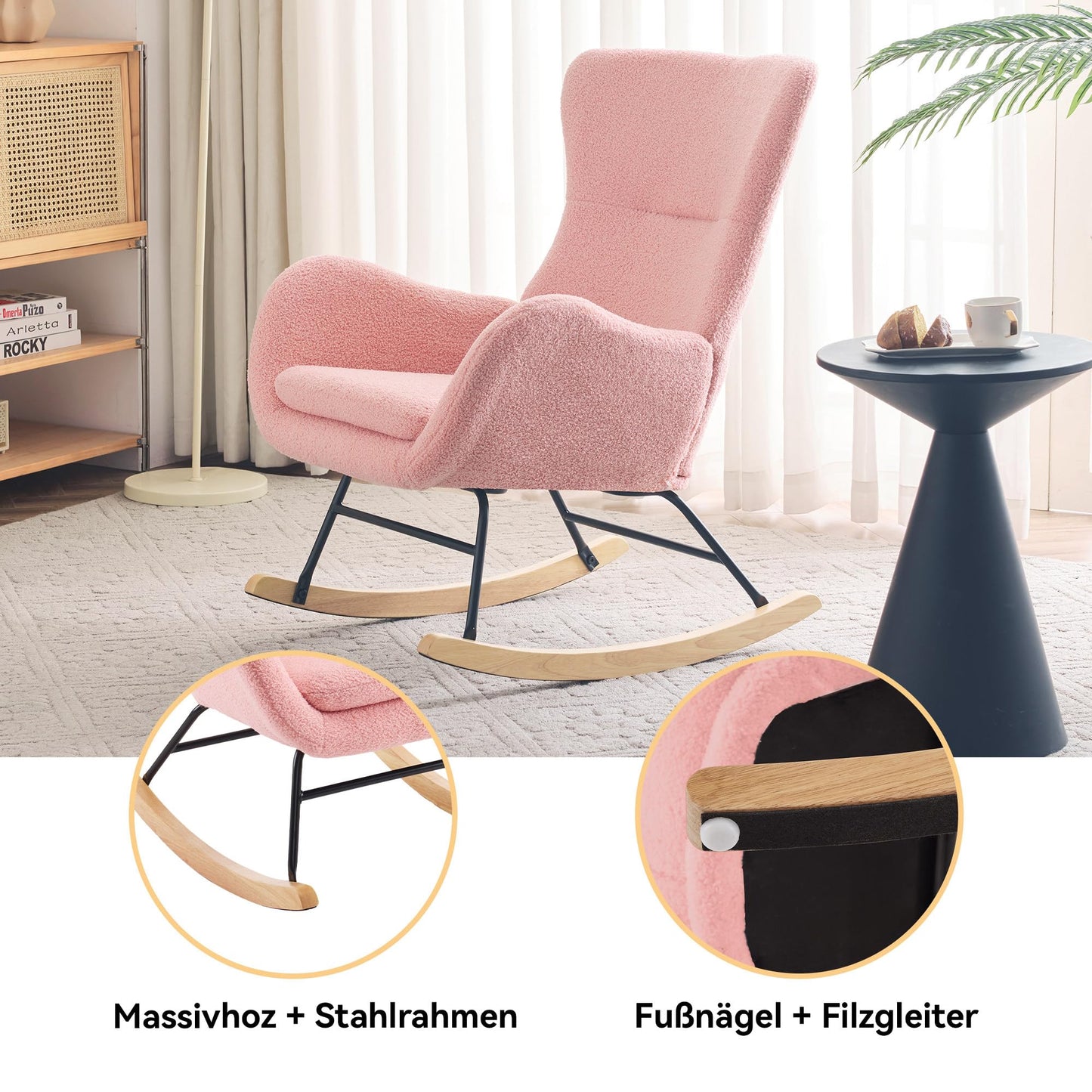 SHUGUANG Chaise a Bascule avec Cadre en Bois Massif, Fauteuil À Bascule Teddy-Fleece-Stoff, Conception Simple Chaise de Lecture Fauteuil Bascule en Vigueur Chambre à Coucher, Salon