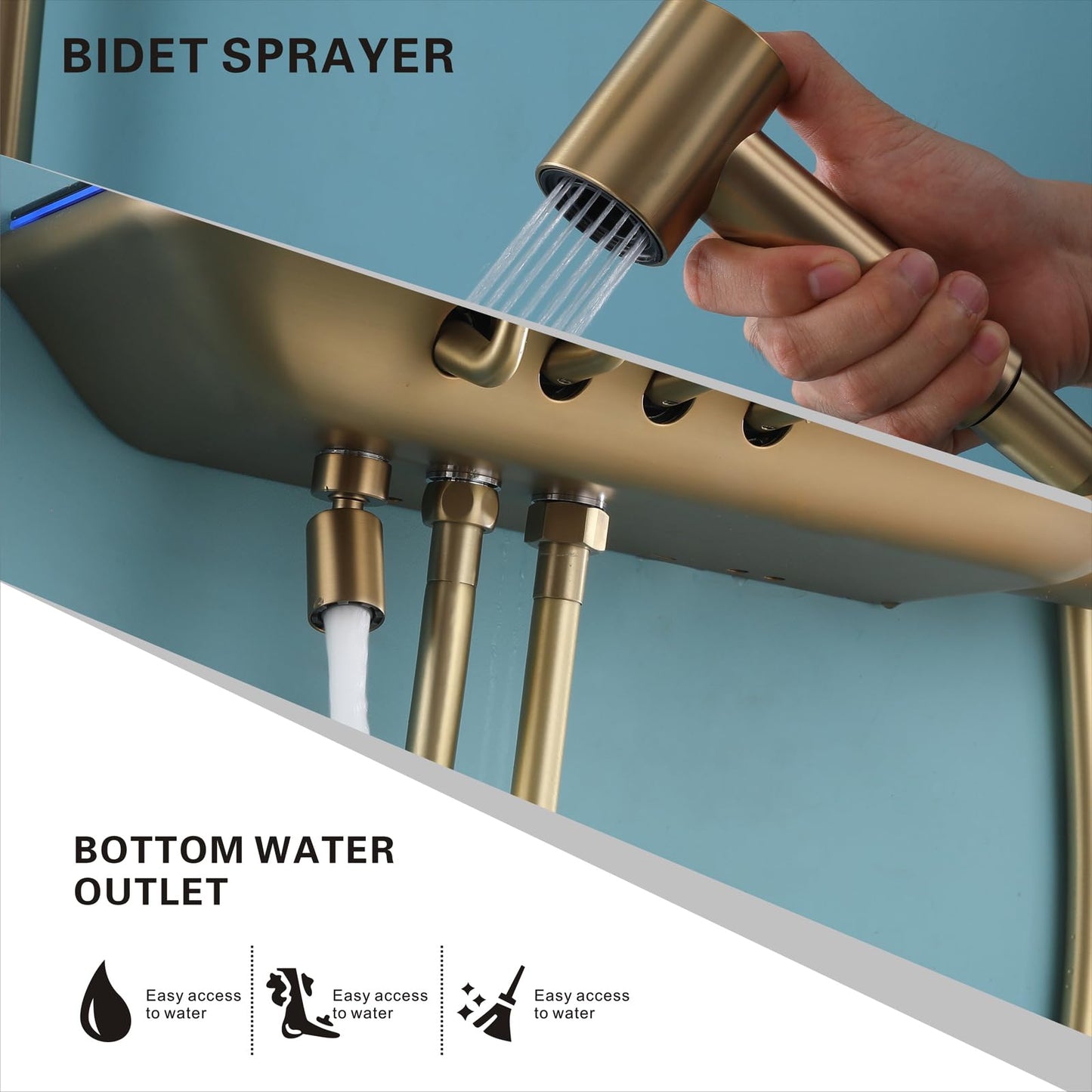 OihPaw Colonne De Douche Thermostatique Or Brossé, SystèMe De Douche Mural Piano Key avec Affichage NuméRique LED, Pommeau De Douche 33x22cm avec Douchette